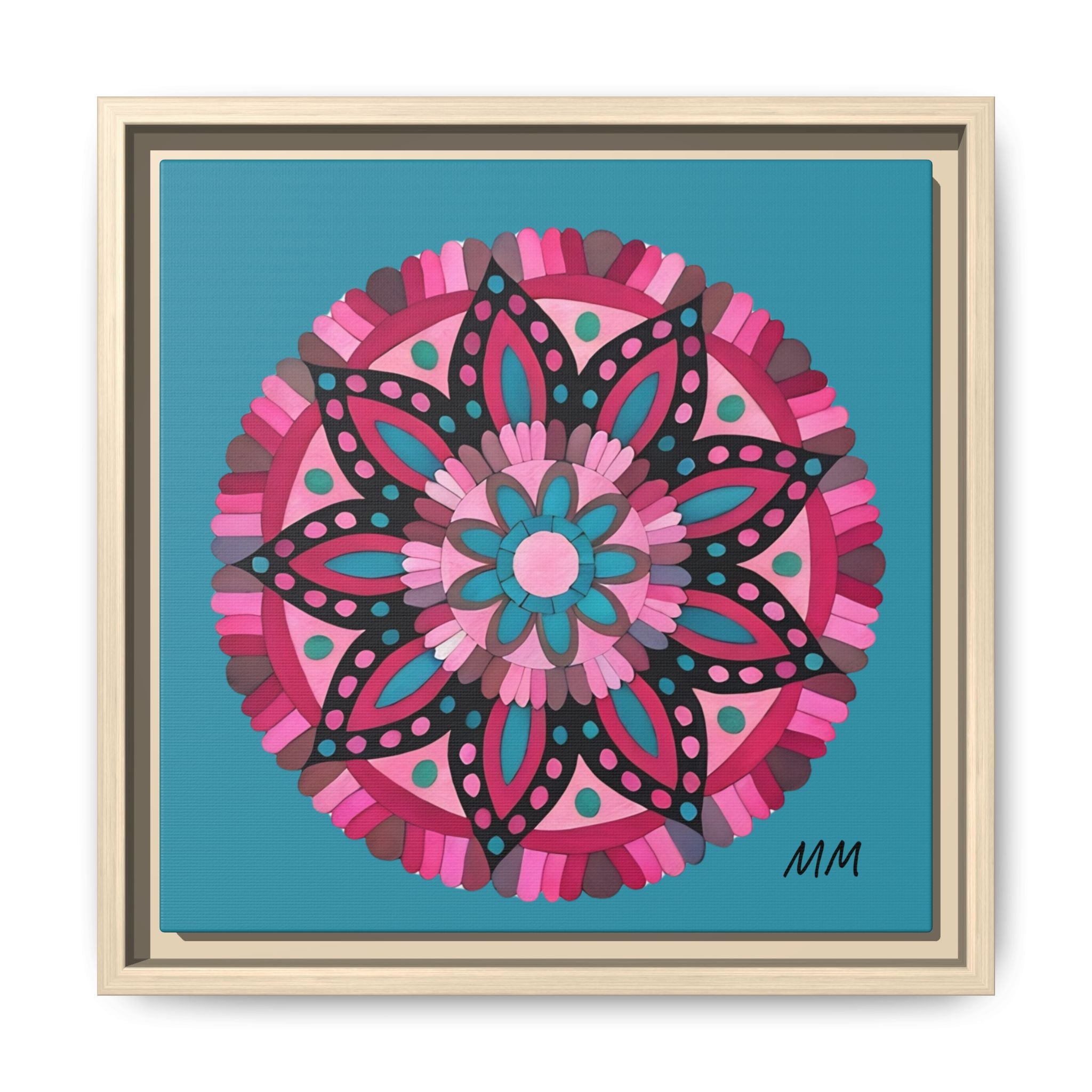 Lennon Framed Floral Mandala Canvas Art – Pink & Teal Decorative Wall Print