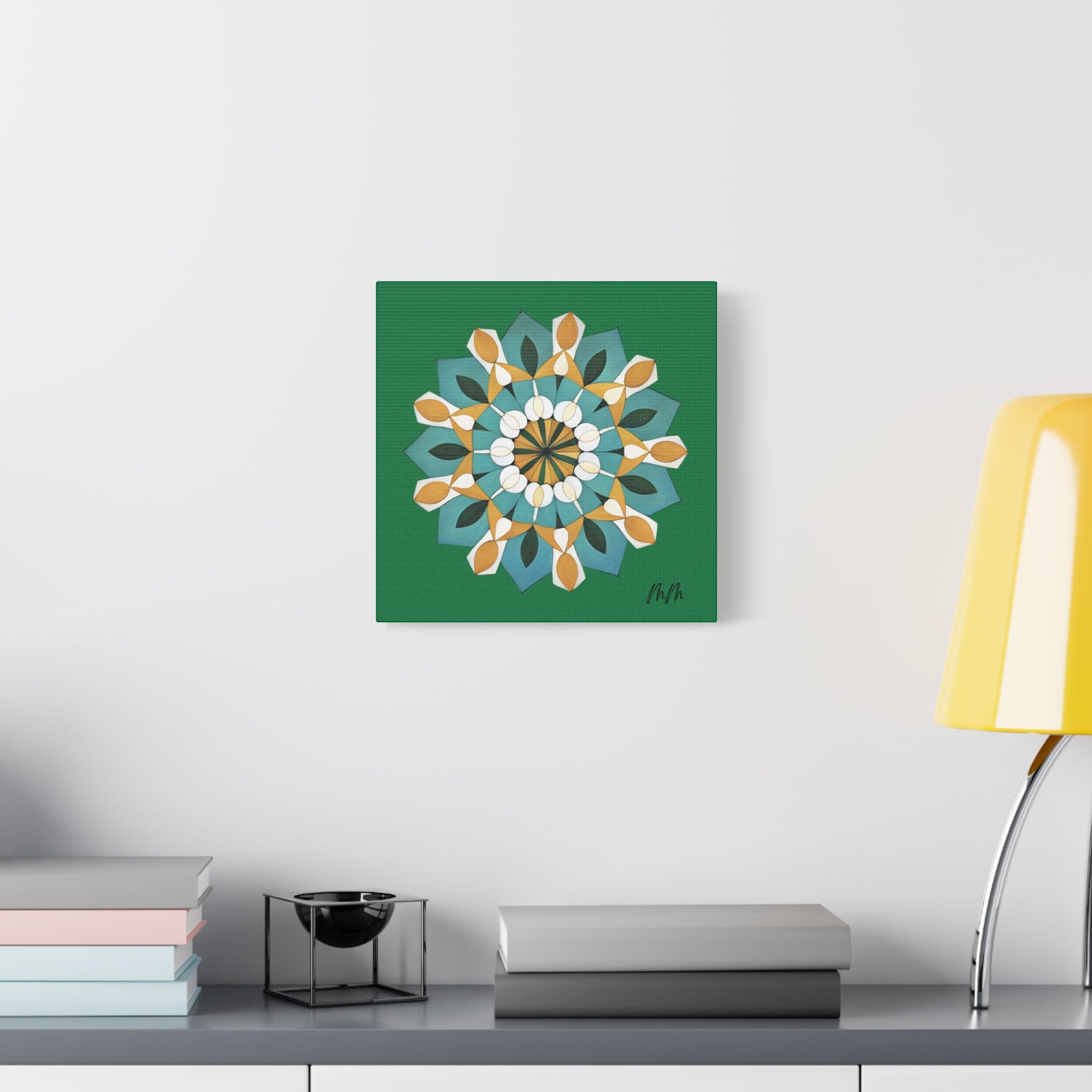 Daphne Mandala Floral Stretched Satin Canvas Wall Art — Teal & Gold Geometric Decor