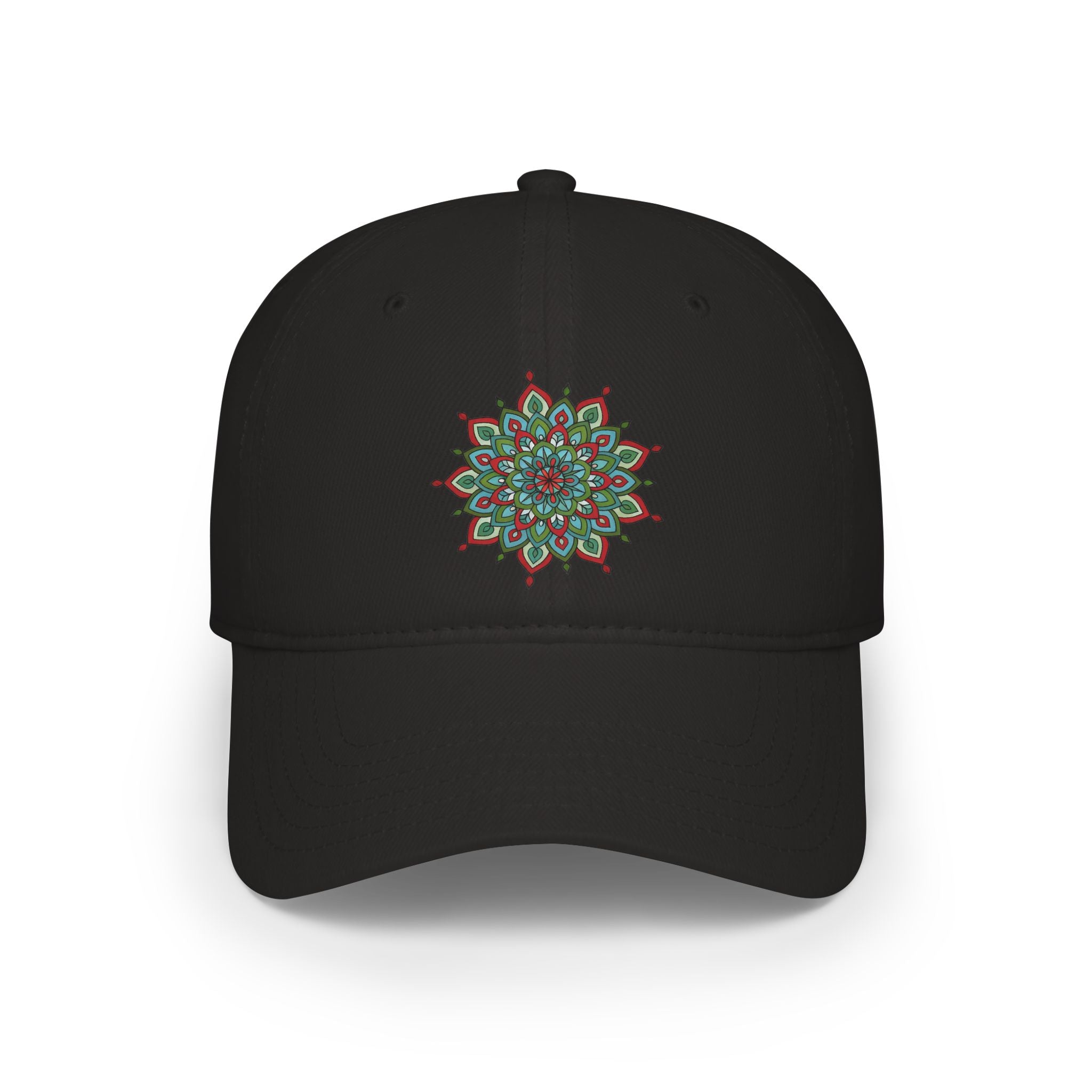 Khloe Mandala Art Floral Mandala Embroidered Baseball Cap — Green Red Lotus Design
