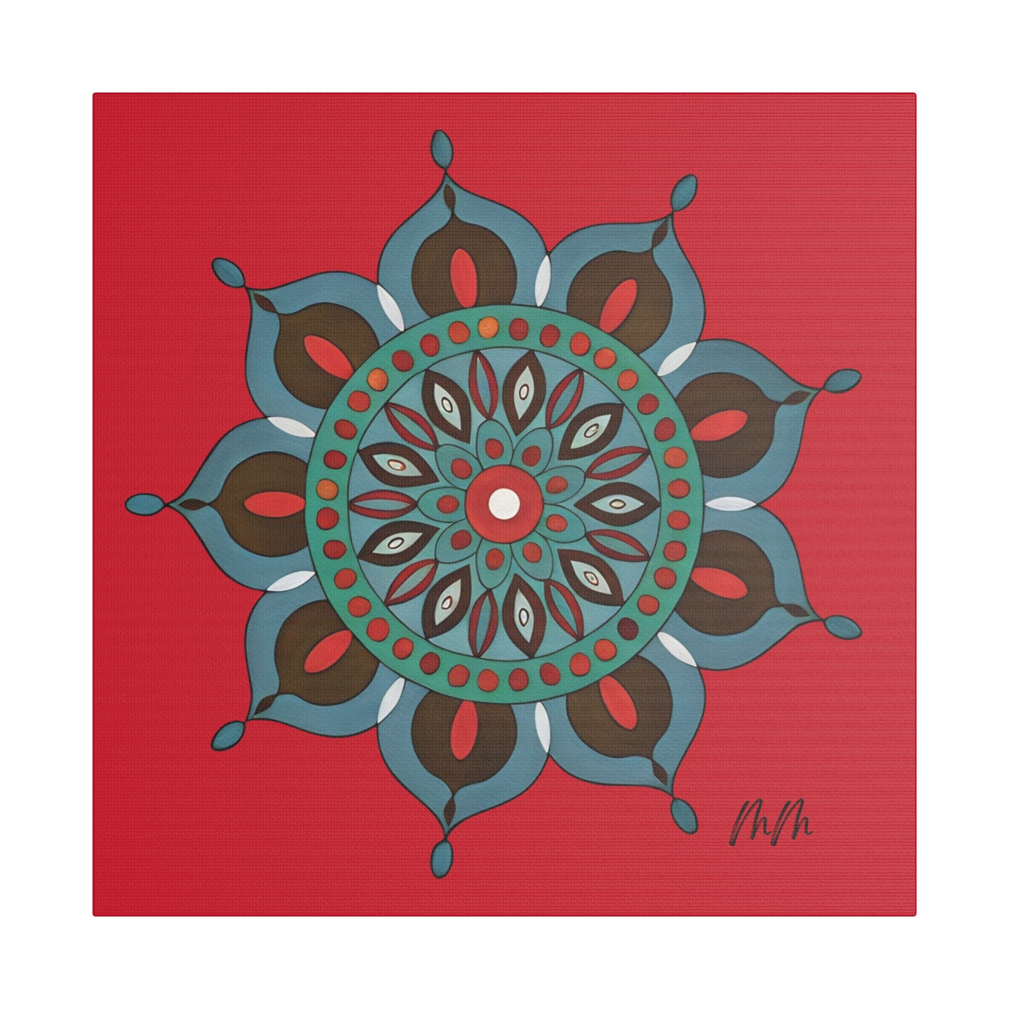 Everlee Mandala Wall Art Canvas - Red Floral Geometric Stretched Satin Print