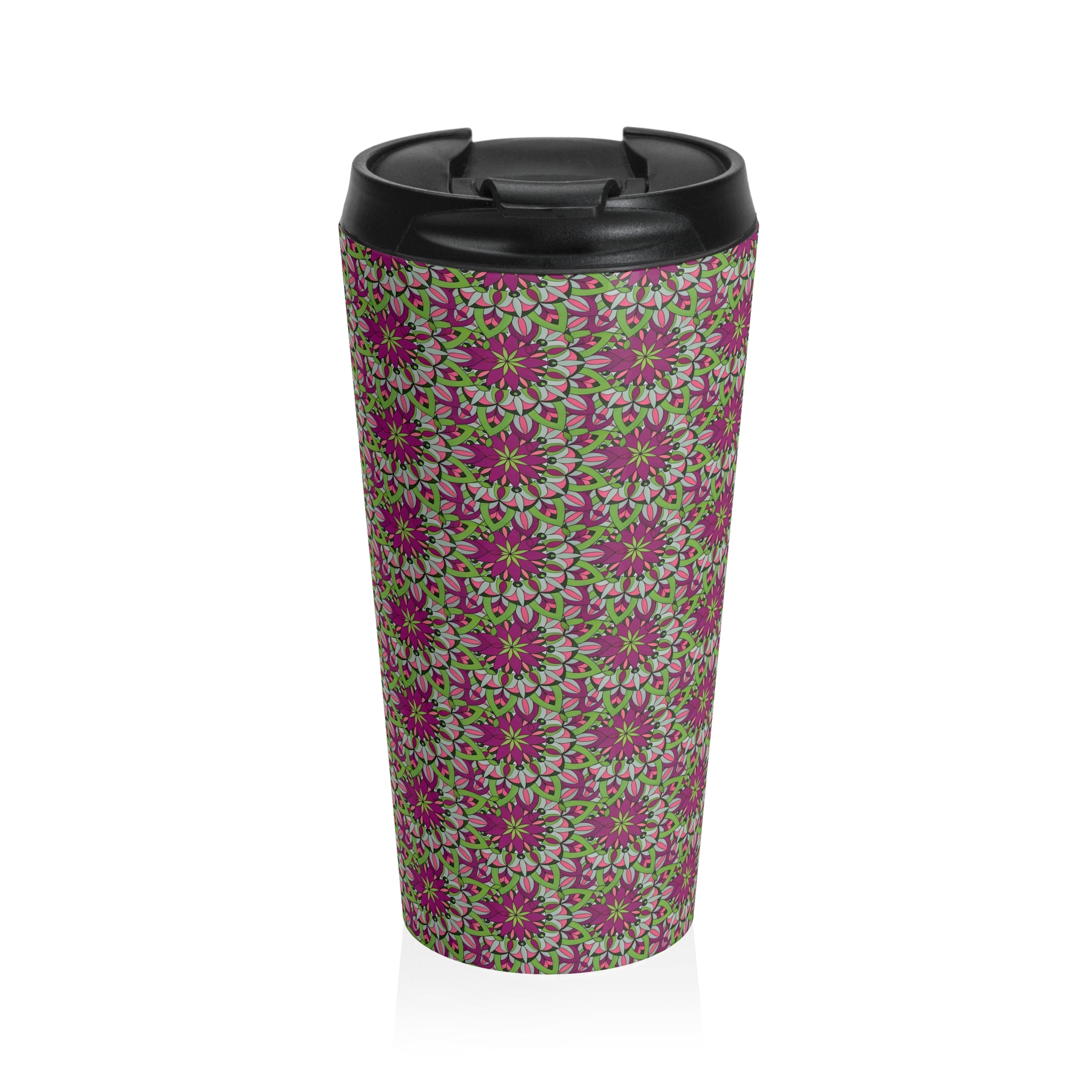 Cali Mandala Art Floral Mosaic Stainless Steel Travel Mug — Pink & Green Boho Pattern