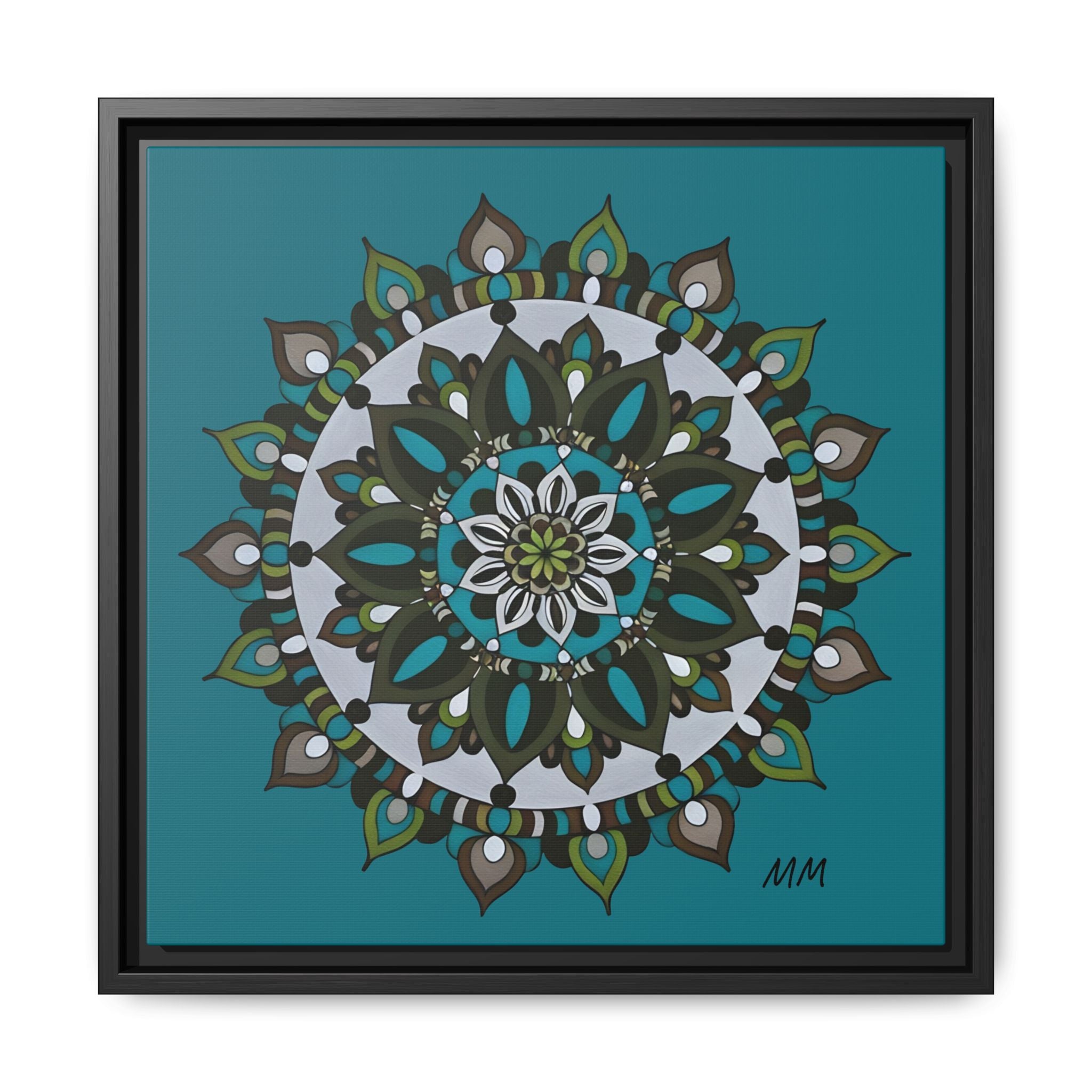 Remi Teal Mandala Framed Canvas — Matte Floral Wall Art