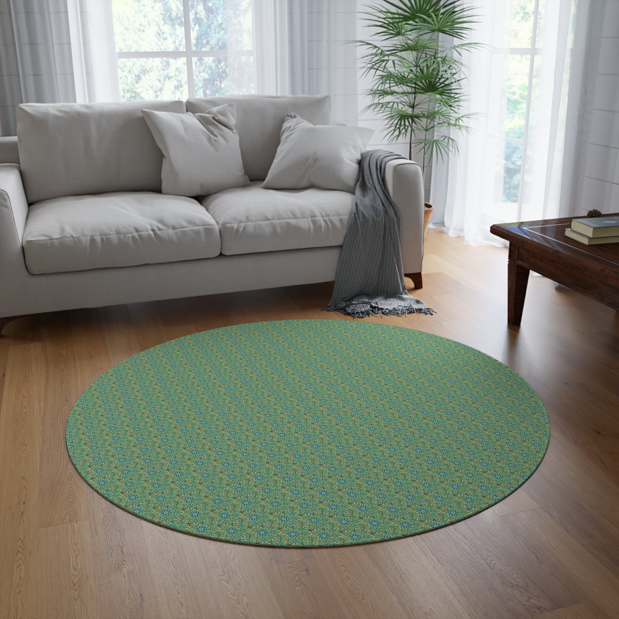 Mary Mandala Green Geometric Round Rug — Boho Medallion Pattern Accent Mat