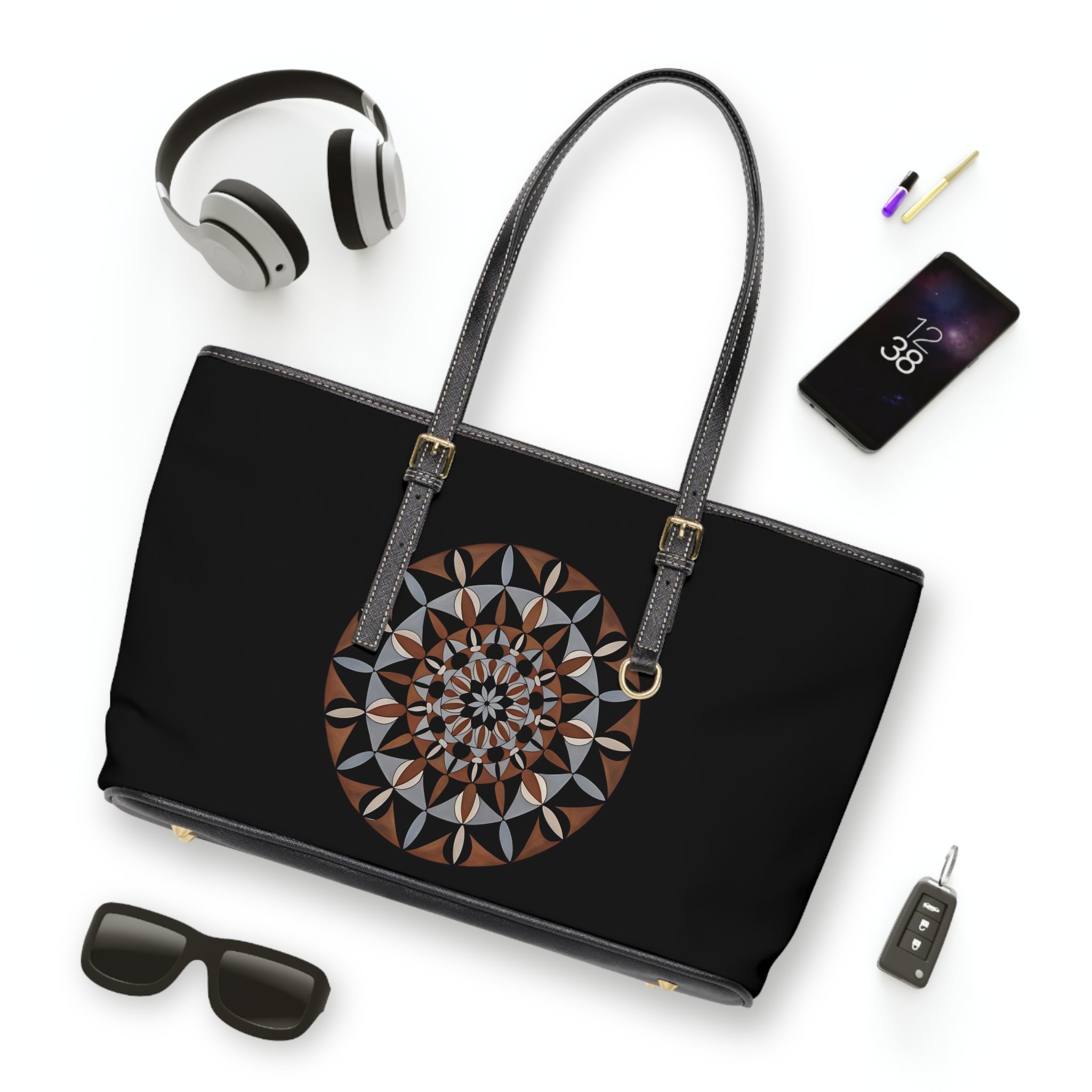 Lily Mandala Leather Tote Bag — Geometric Brown & Black Shoulder Purse