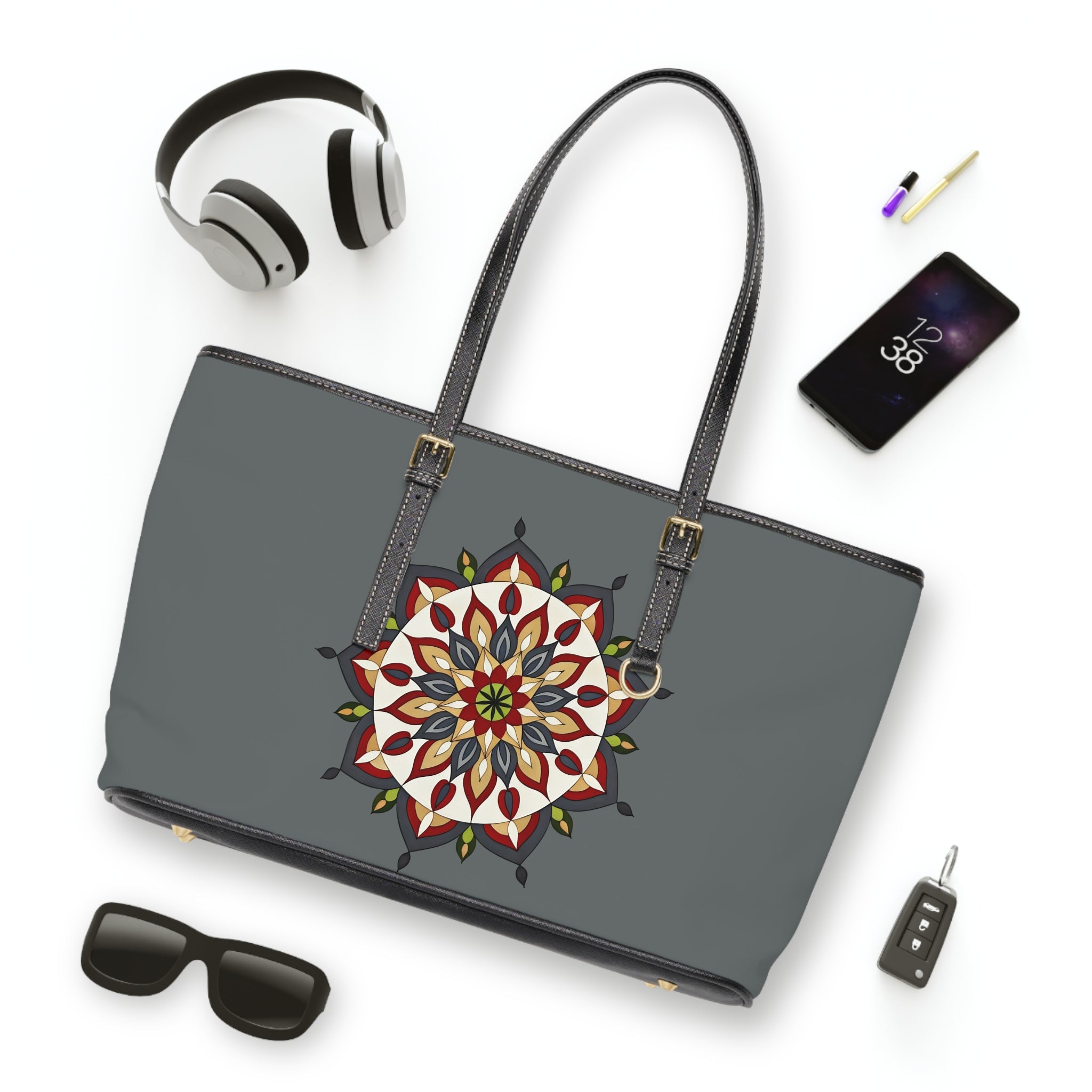Ana Mandala Art PU Leather Shoulder Bag — Boho Mandala Tote, Grey Floral Geometric Design by Infinite Hue