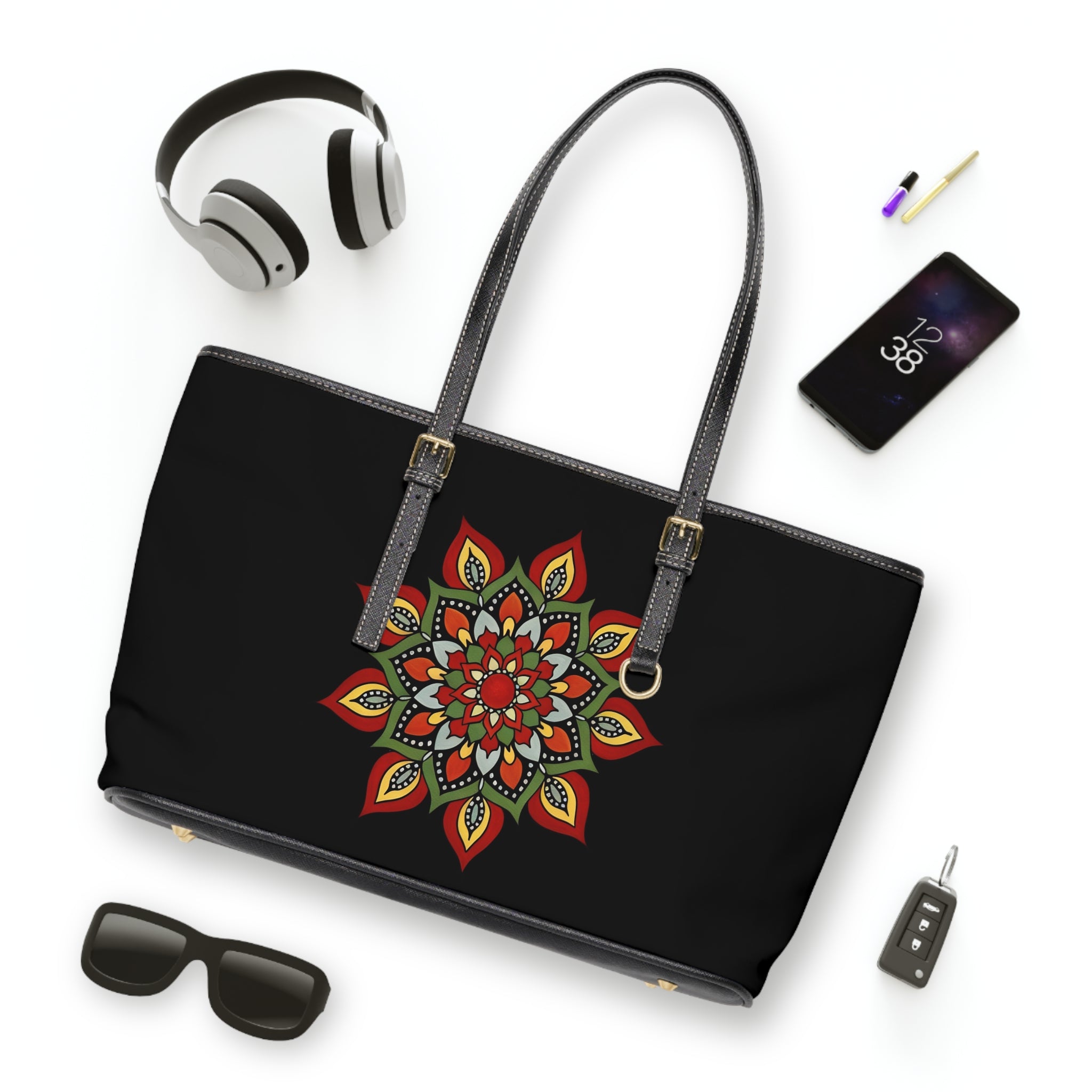 Veronica Mandala Shoulder Bag – Bohemian PU Leather Tote with Red & Gold Floral Design