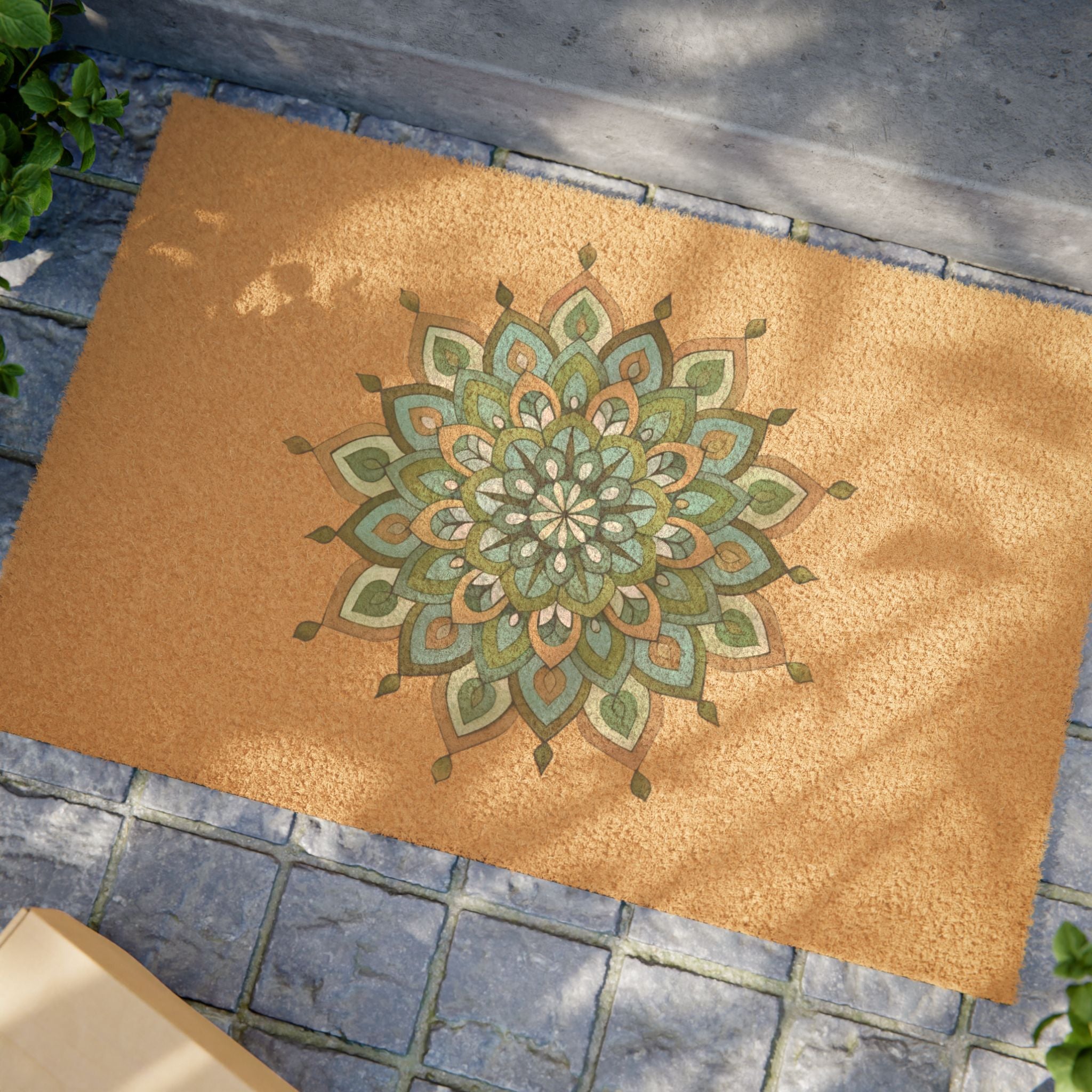 Mary Mandala  Art Boho Coir Doormat — Turquoise Green Entry Mat