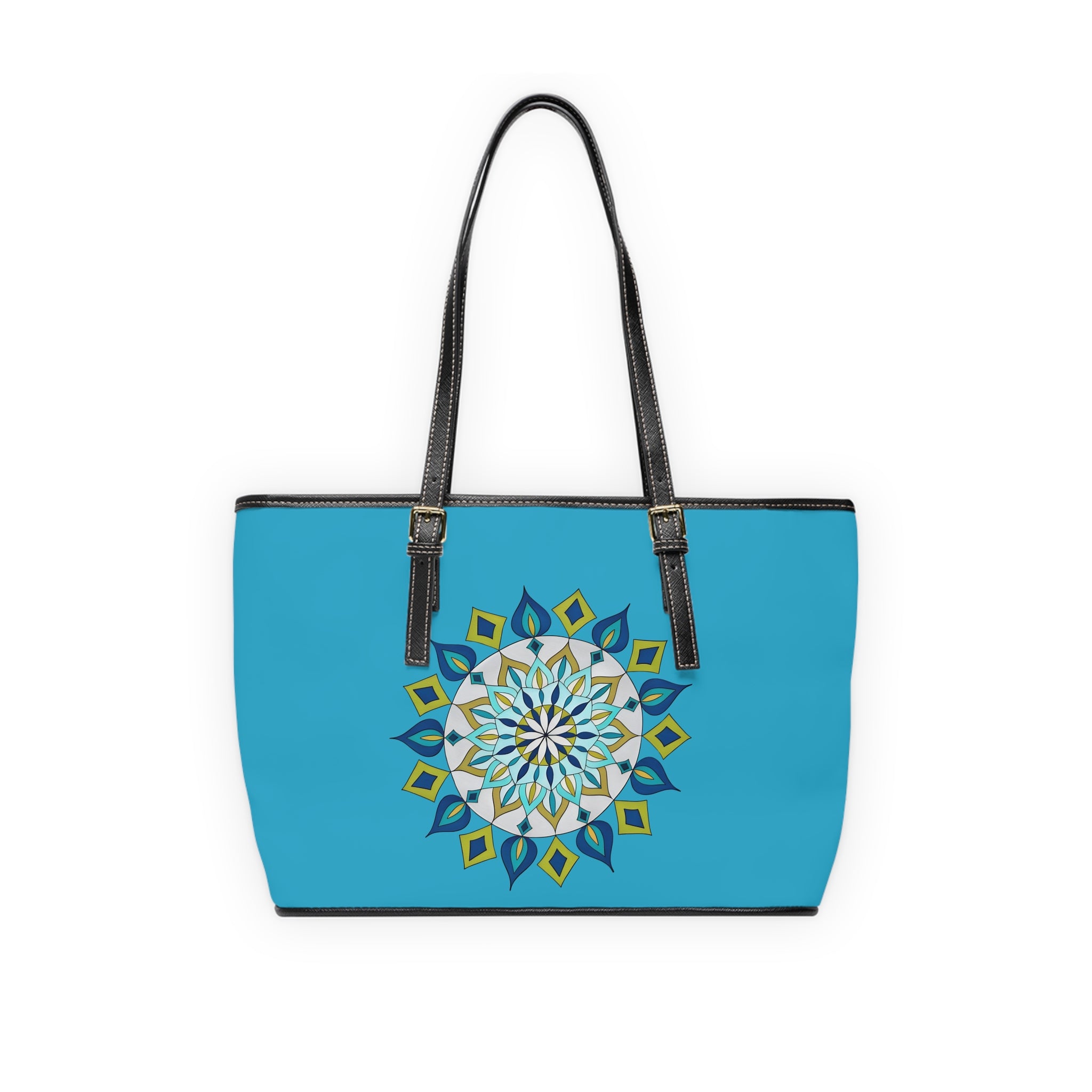 Genie Mandala Tote Bag – Blue PU Leather Shoulder Bag with Geometric Floral Design by Infinite Hue