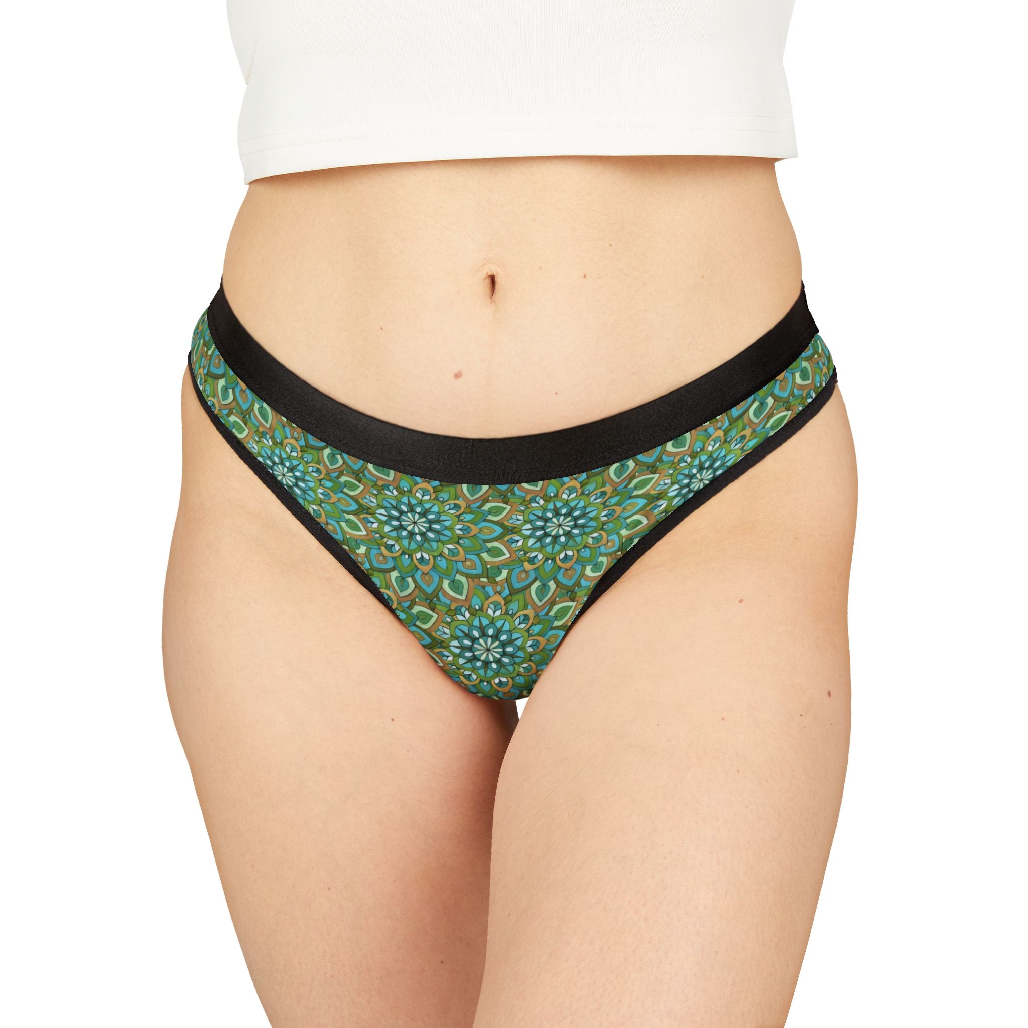 Mary Mandala Green Women's Thong — Floral Boho Lace-Style Print