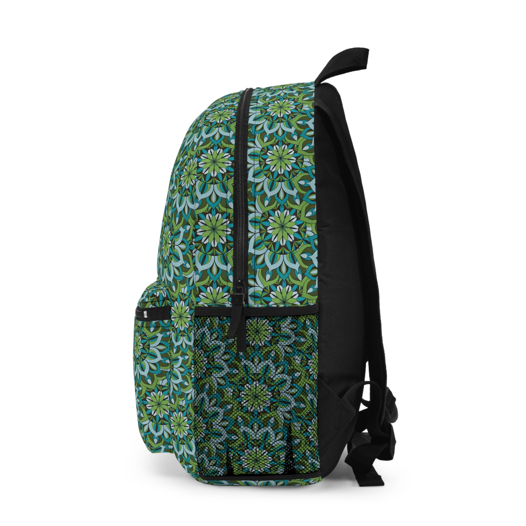 Lynne Mandala Art Floral Mosaic Backpack — Green Blue Mandala Pattern Front Pocket