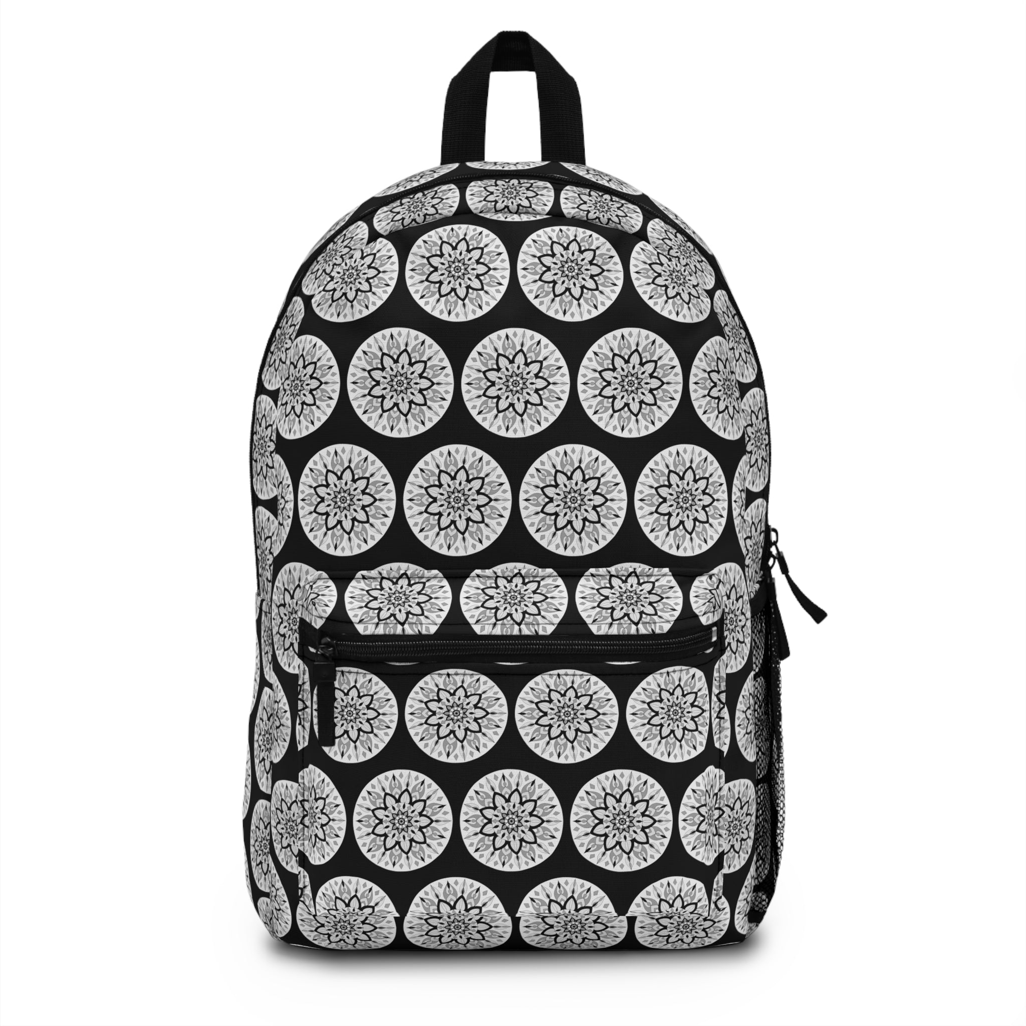 Martin Mandala Circles Backpack — Black & White Floral Pattern School Bag