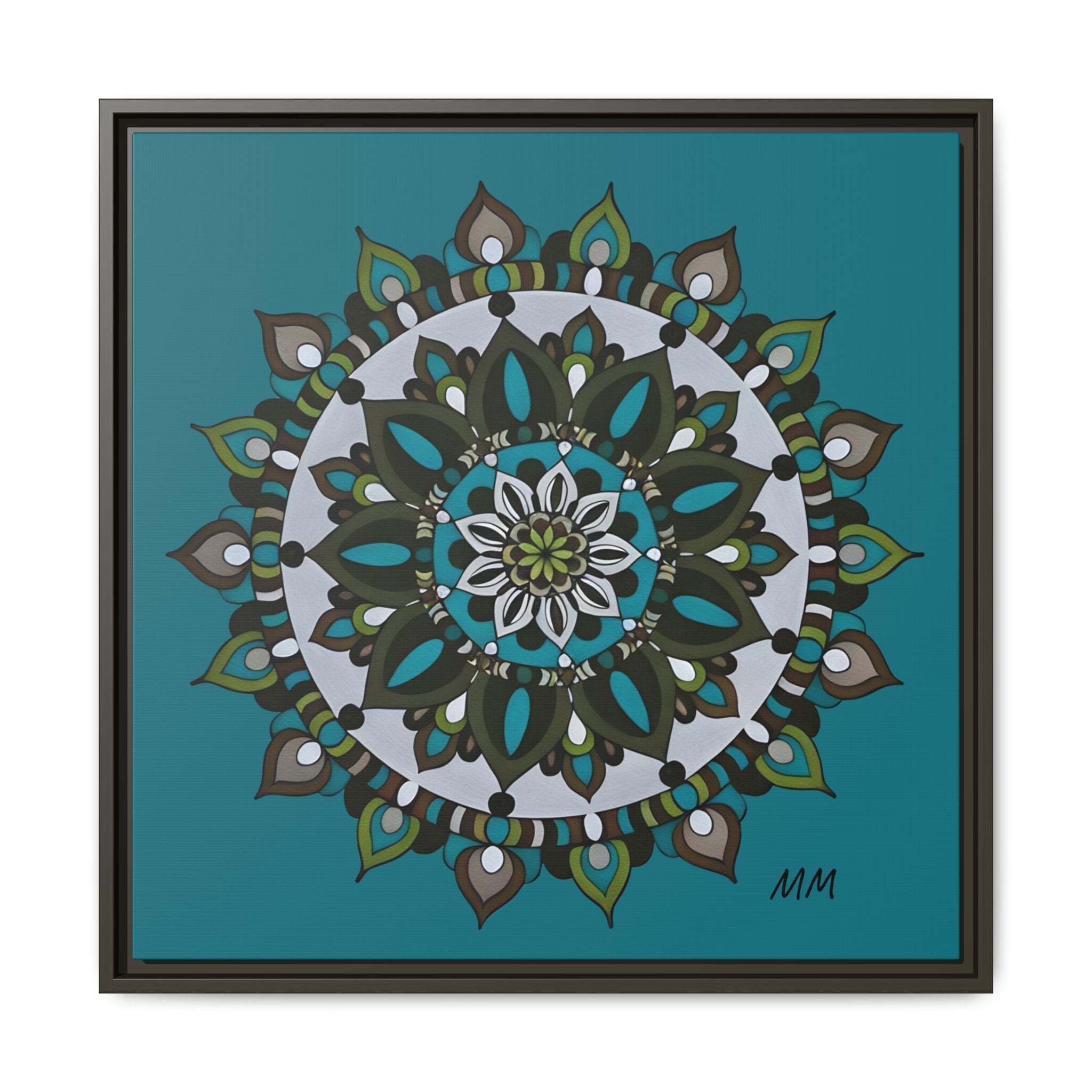 Remi Teal Mandala Framed Canvas — Matte Floral Wall Art
