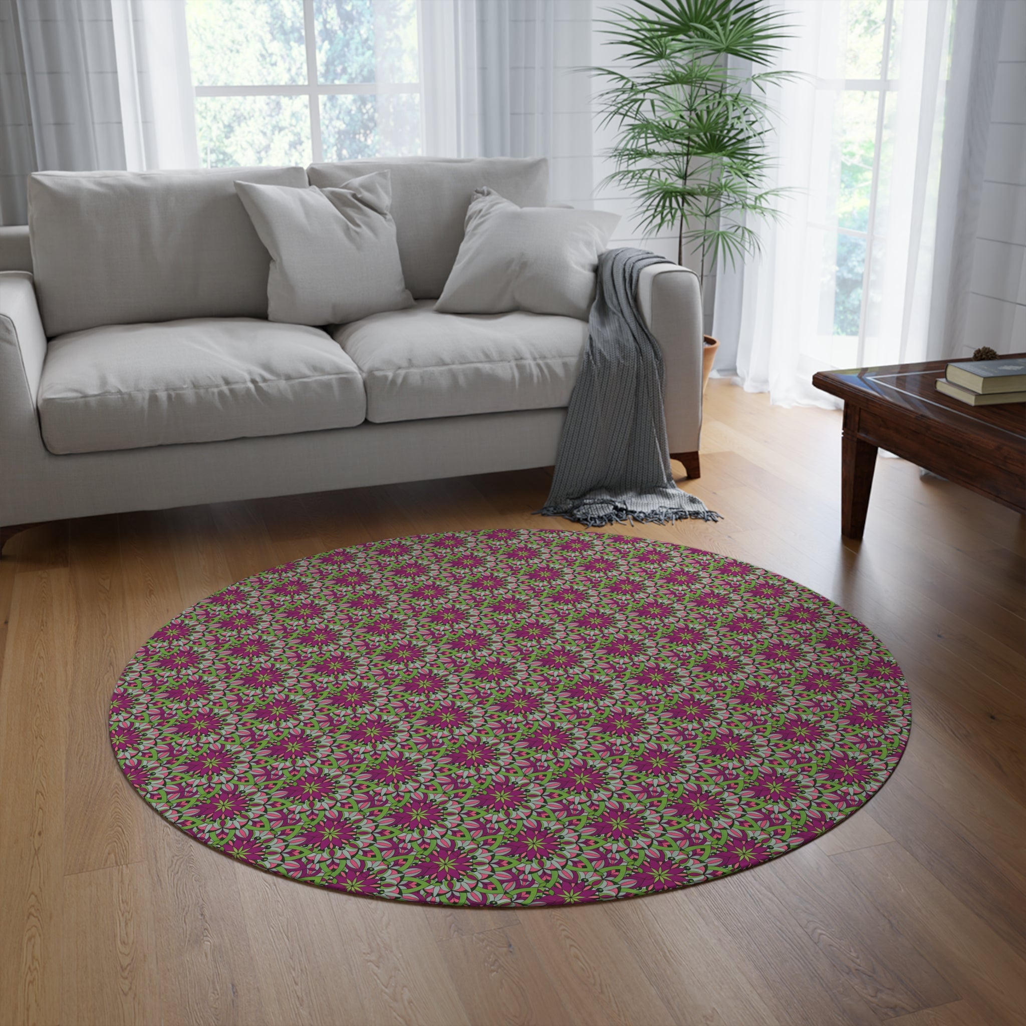 Avery Mandala Art Round Rug — Bohemian Floral Medallion Pattern in Plum & Olive