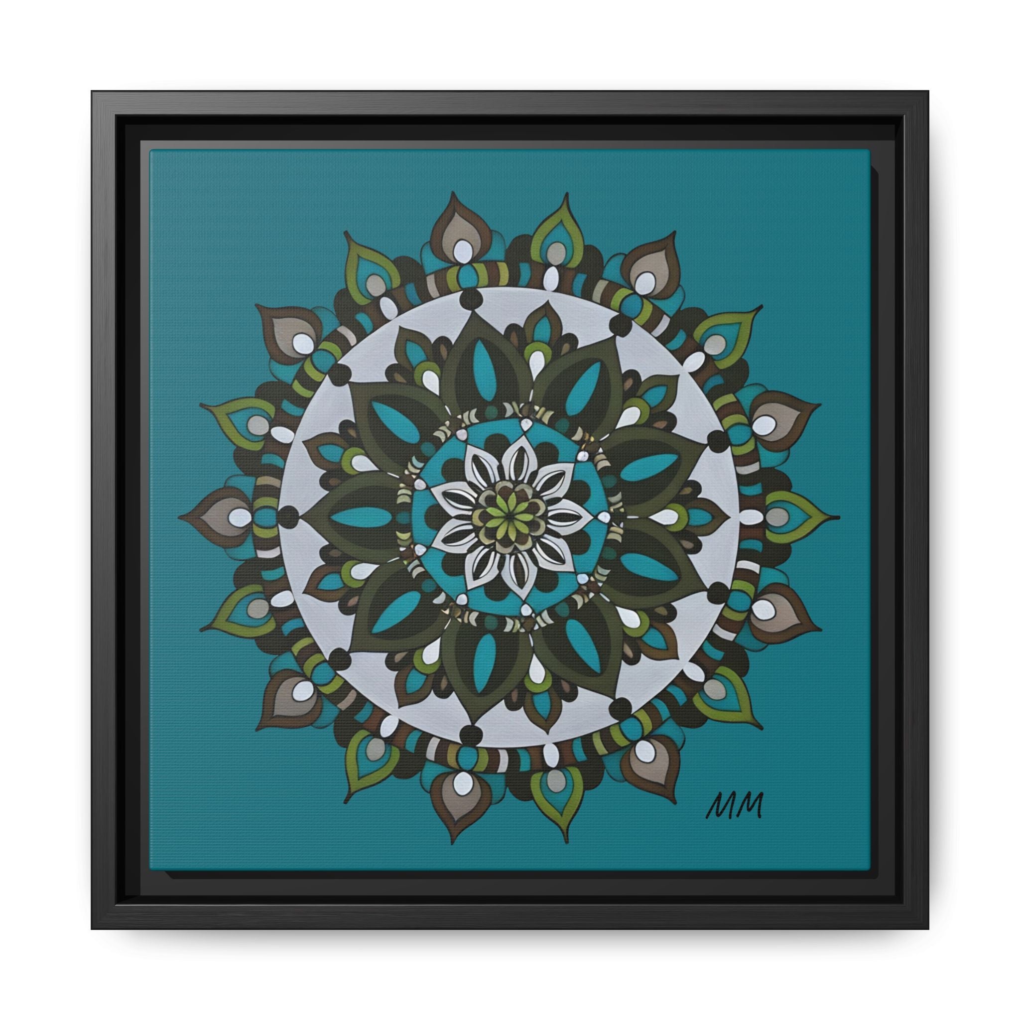 Remi Teal Mandala Framed Canvas — Matte Floral Wall Art