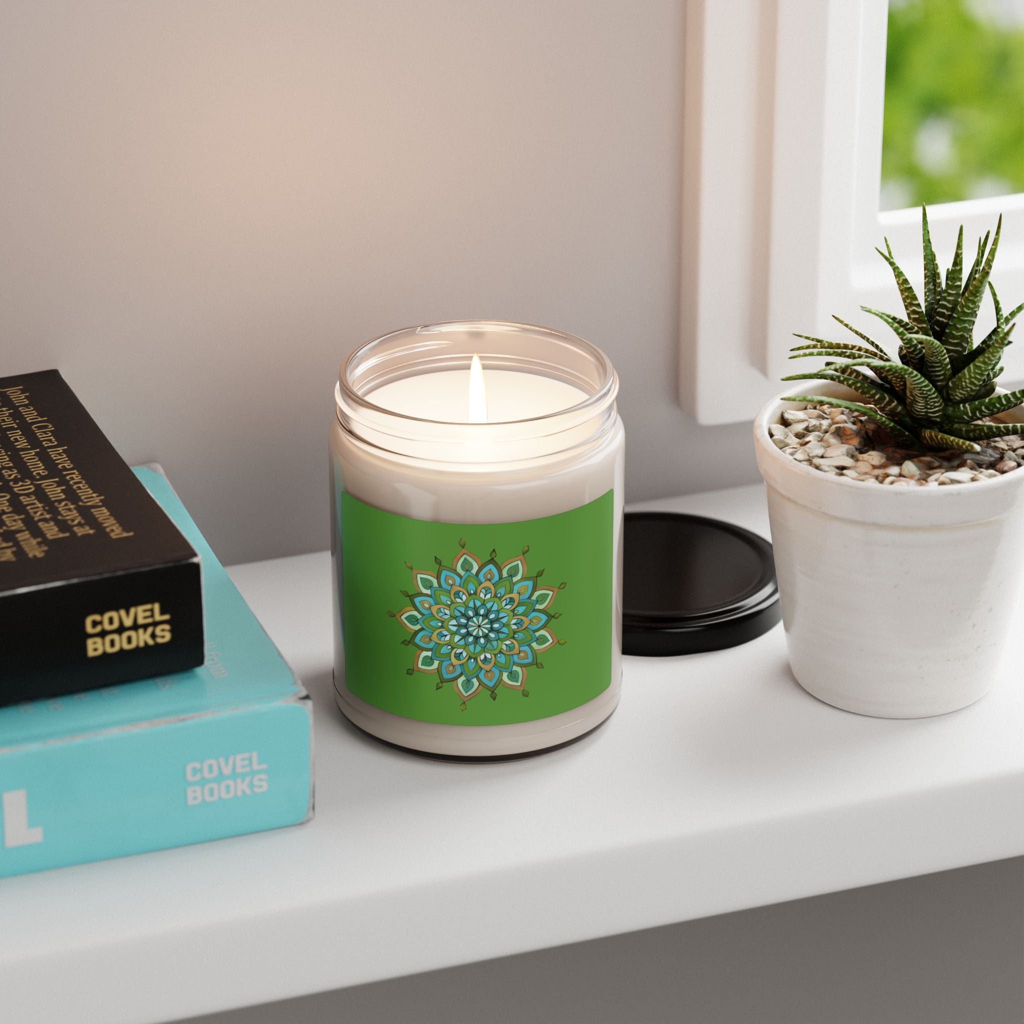 Mary Mandala Infinite Hue Soy Candle — 9oz Scented Jar Candle with Green Mandala Design