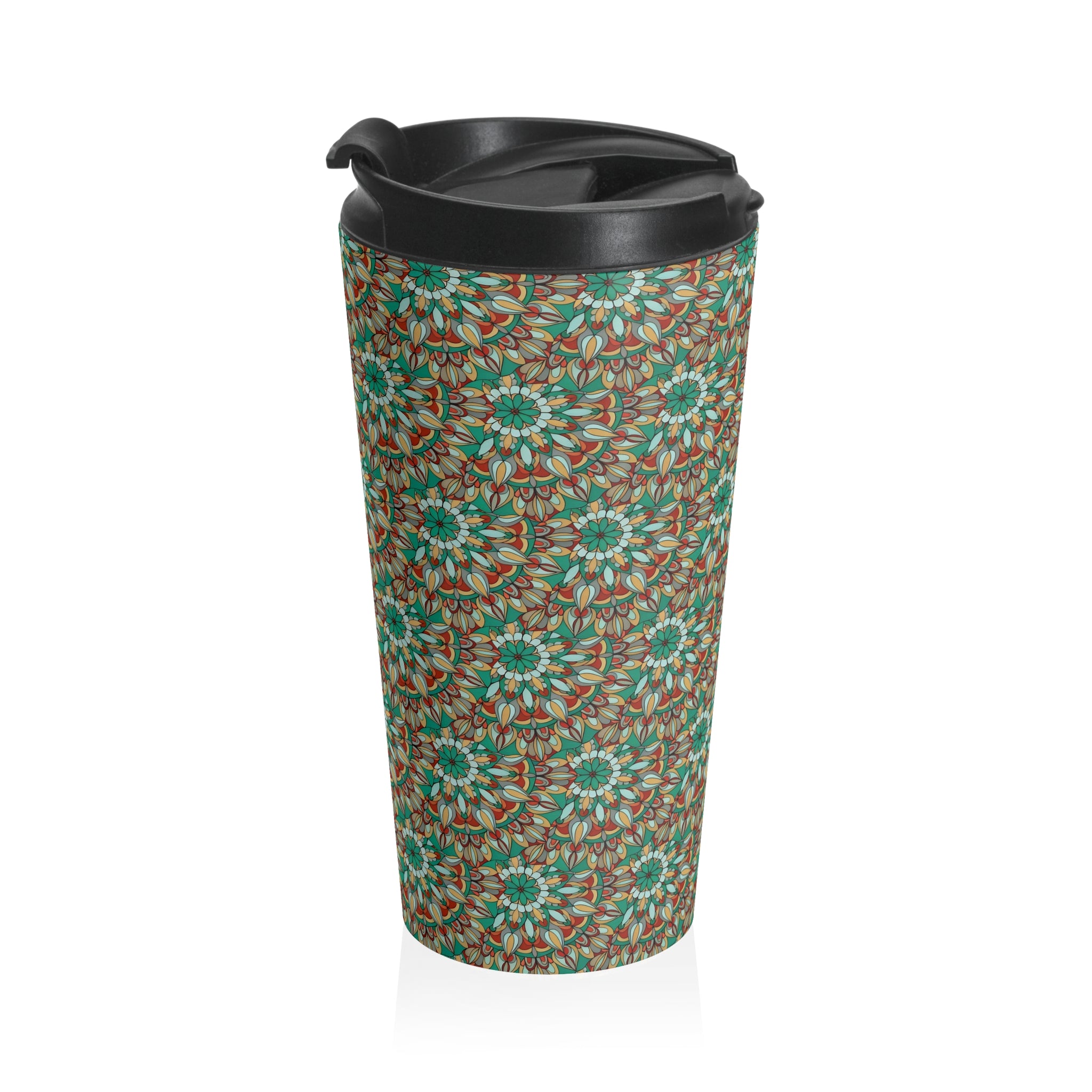 Myra Mandala Art Floral Mosaic Stainless Steel Travel Mug — Green Boho Patterned Tumbler