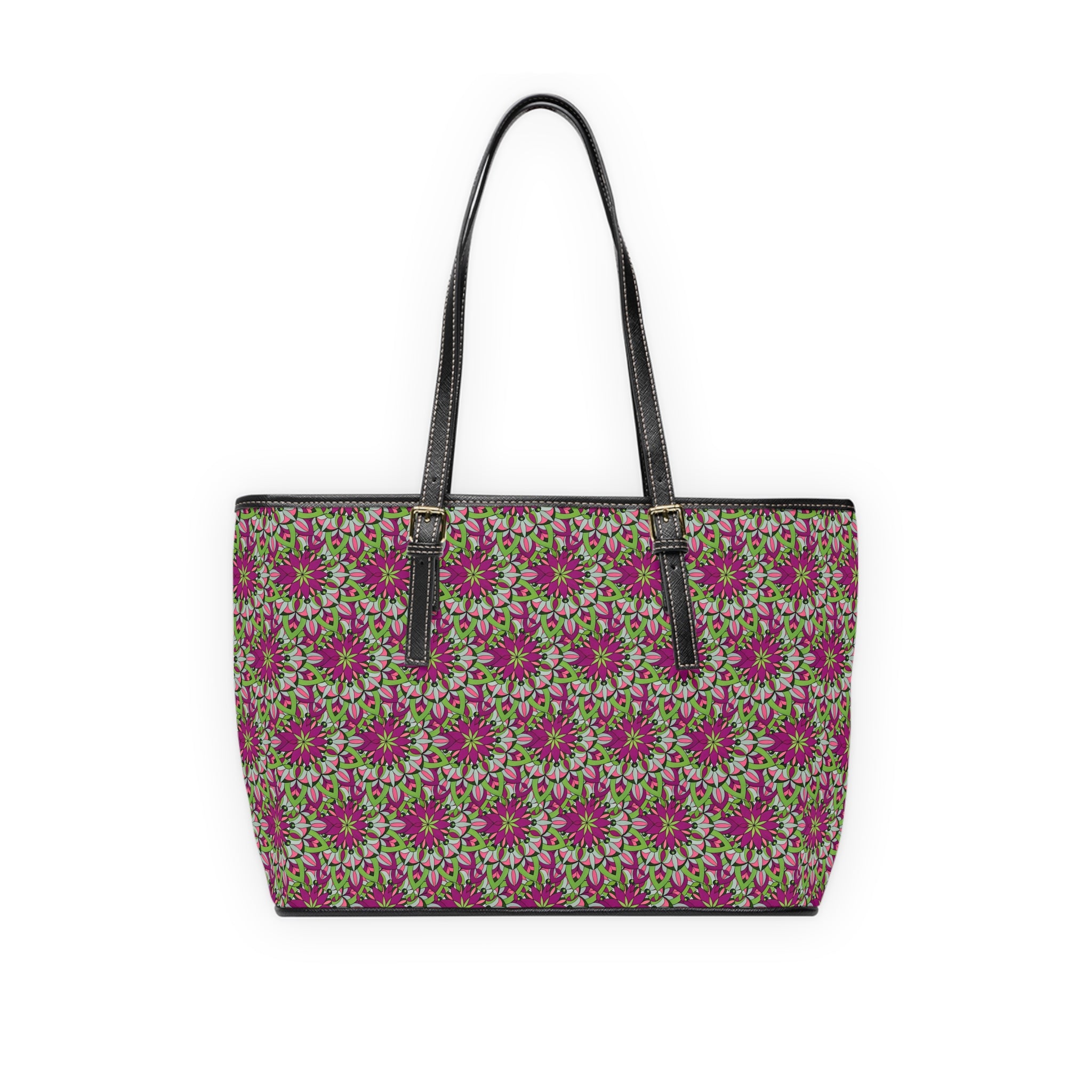 Cali Mandala Art Floral Mosaic PU Leather Shoulder Bag – Pink Green Patterned Tote