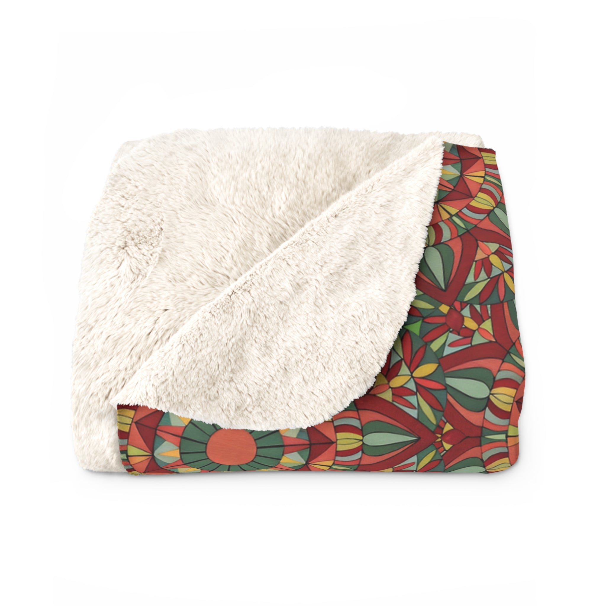 Thalia Mandala Kaleidoscope Sherpa Blanket — Cozy Red & Green Fleece Throw