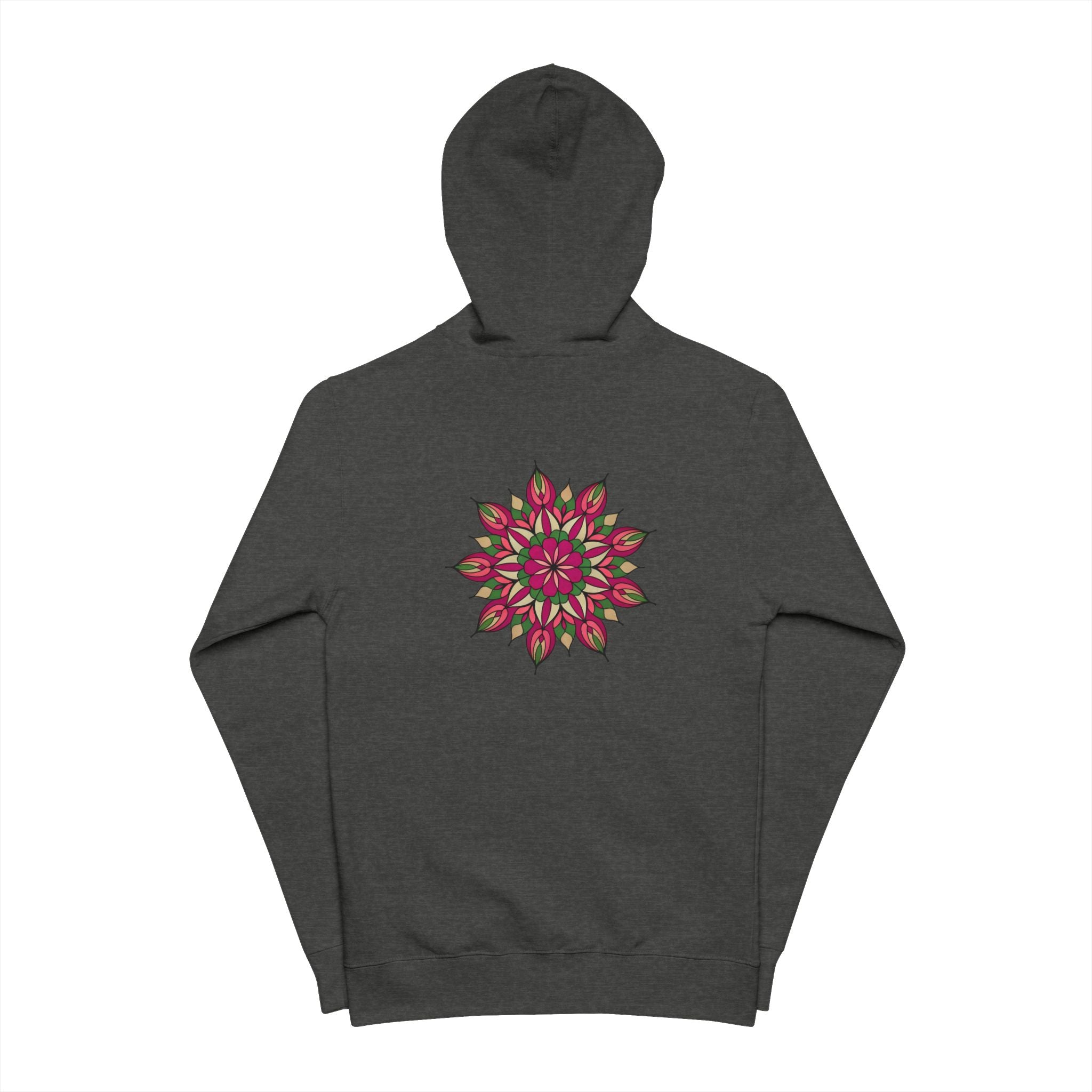 Avery Mandala Floral Zip Hoodie — Green Fleece Zip-Up with Back Flower Mandala