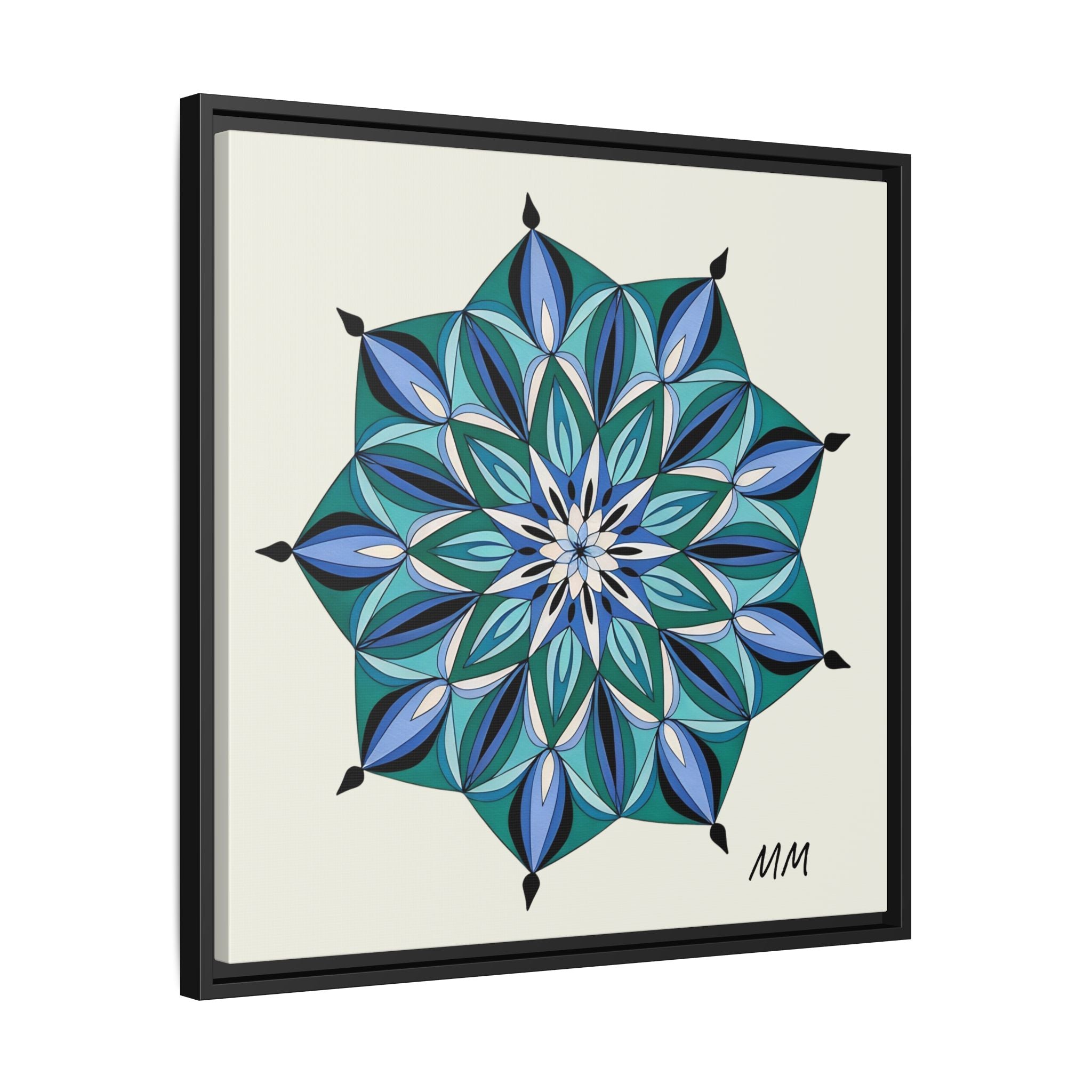 Arabella Blue Green Mandala Framed Canvas Print — Modern Geometric Wall Art