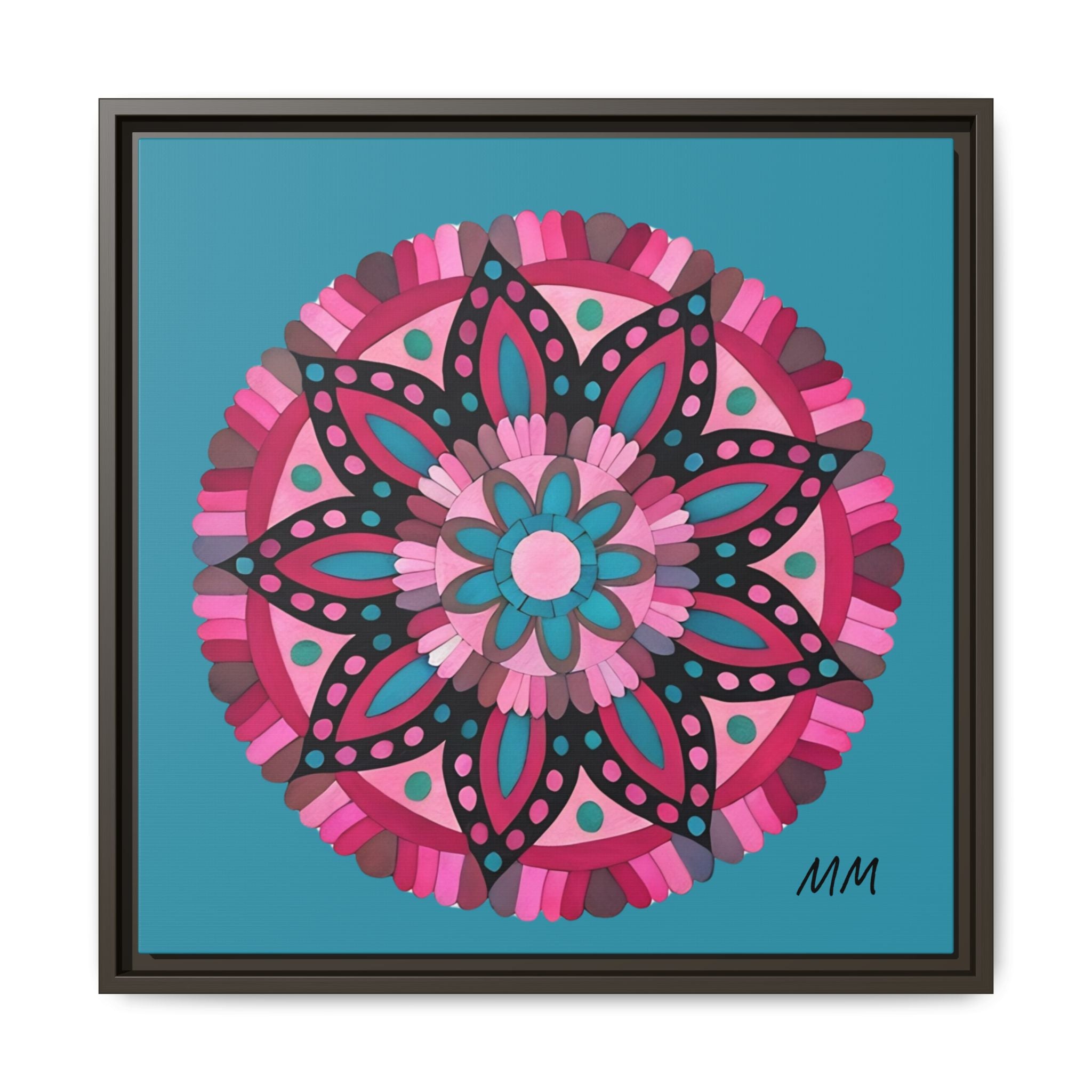 Lennon Framed Floral Mandala Canvas Art – Pink & Teal Decorative Wall Print