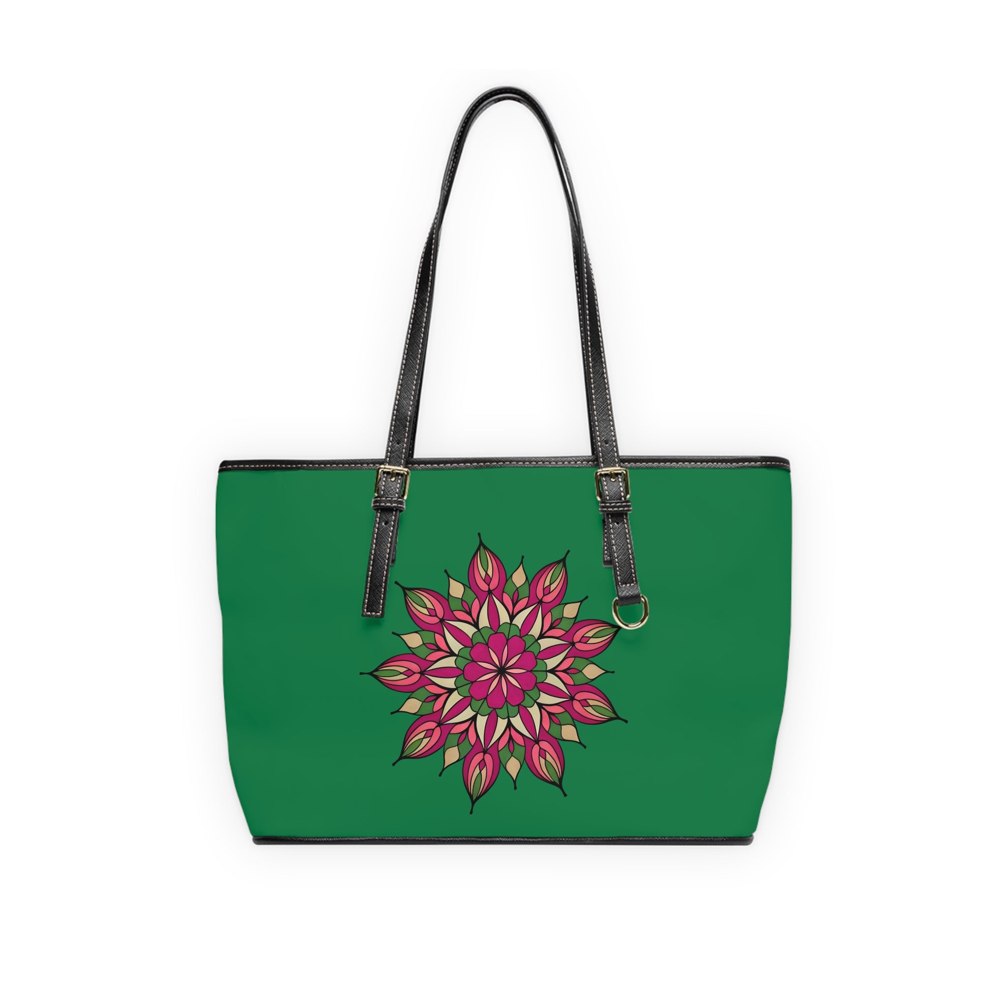 Avery Mandala Floral Mandala PU Leather Shoulder Bag – Green Pink Boho Tote by Infinite Hue