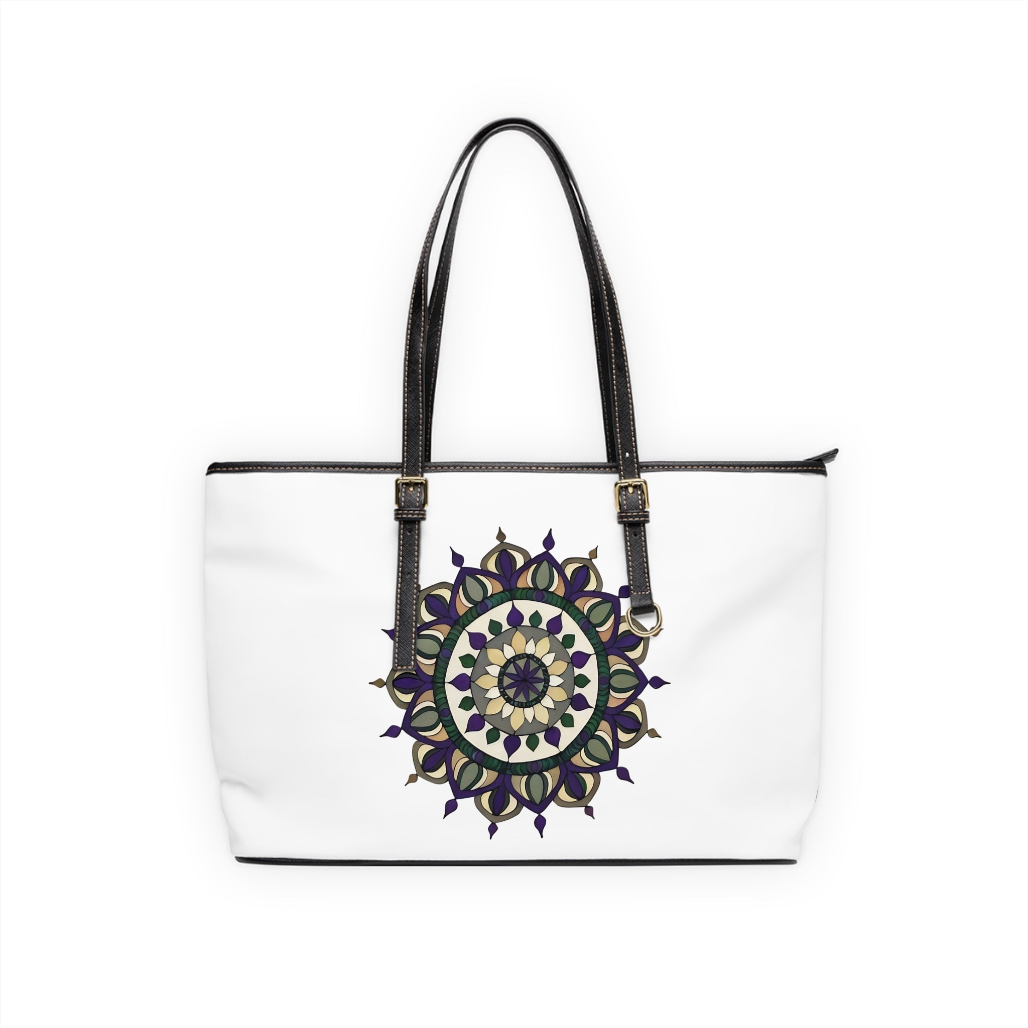 Elizabeth Mandala Shoulder Bag - Boho PU Leather Tote with Purple & Green Floral Medallion