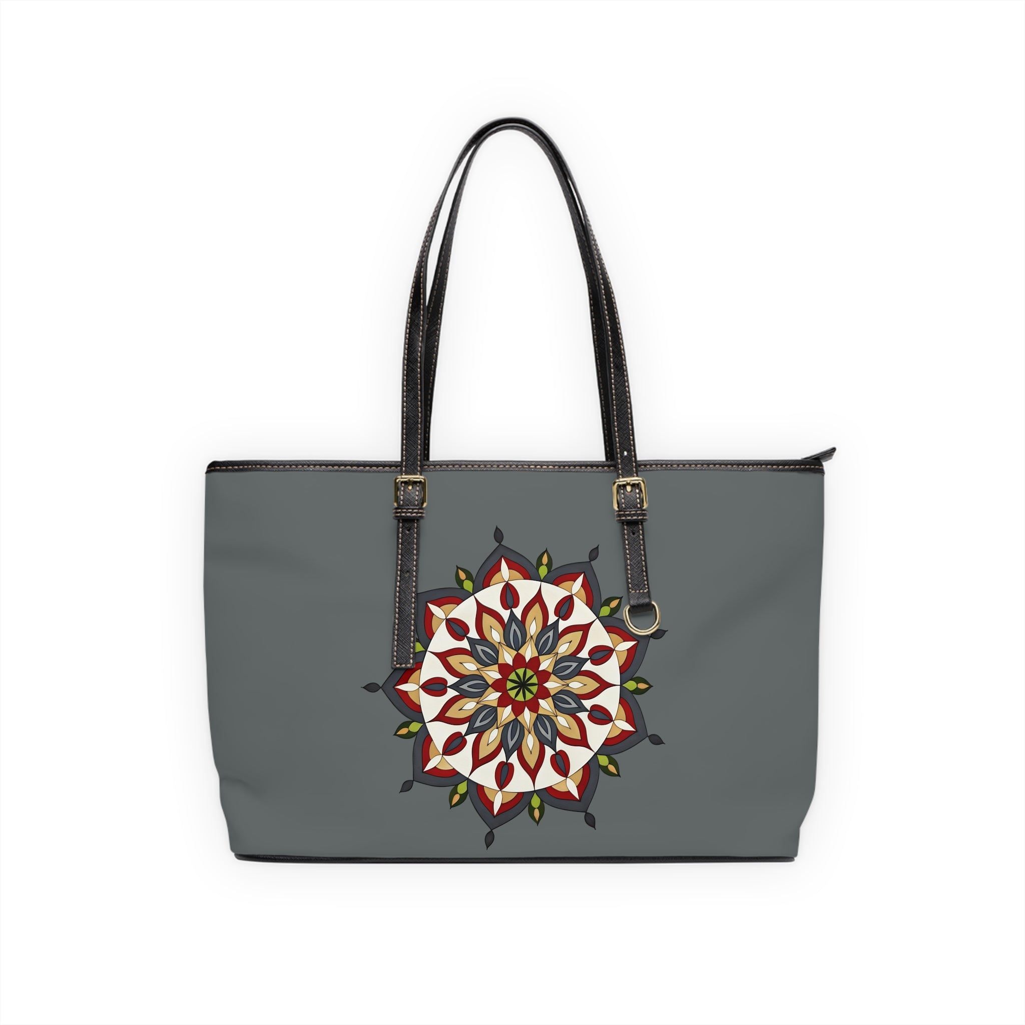 Ana Mandala Art PU Leather Shoulder Bag — Boho Mandala Tote, Grey Floral Geometric Design by Infinite Hue