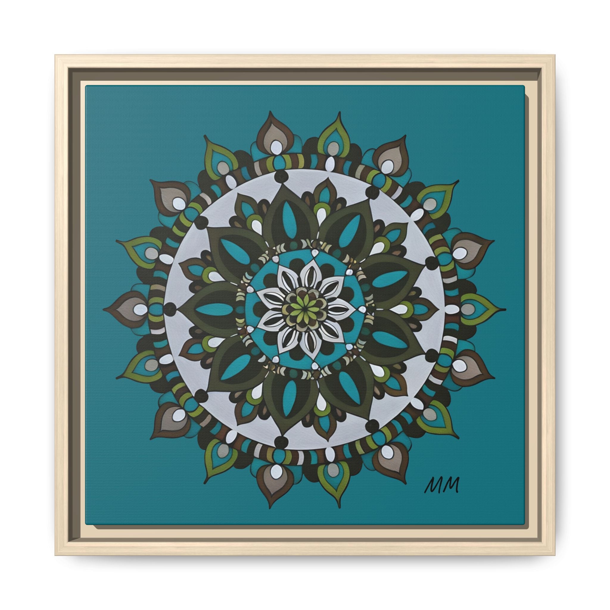 Remi Teal Mandala Framed Canvas — Matte Floral Wall Art