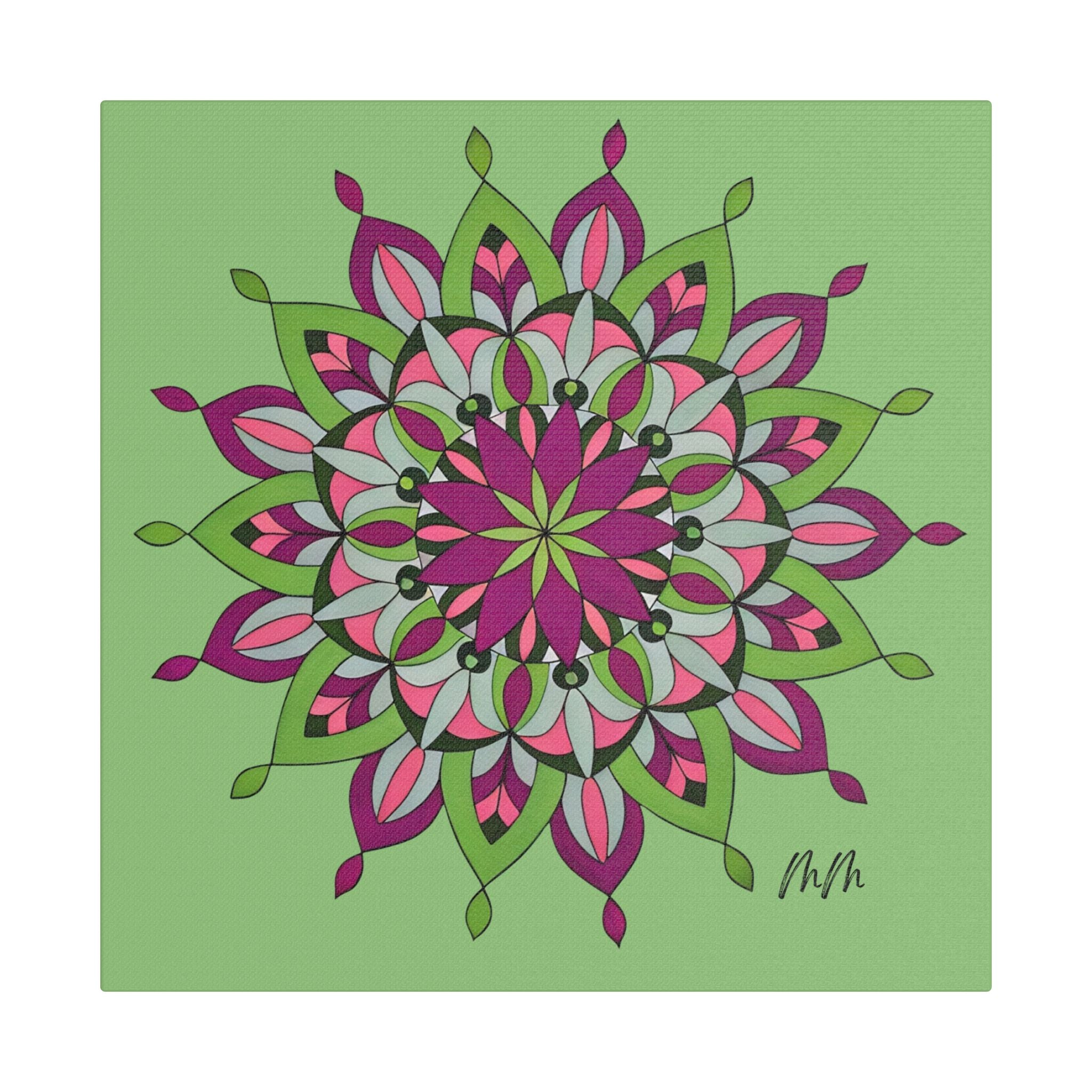 Cali Mandala Floral Satin Canvas Wall Art — Pink & Green Stretched Print