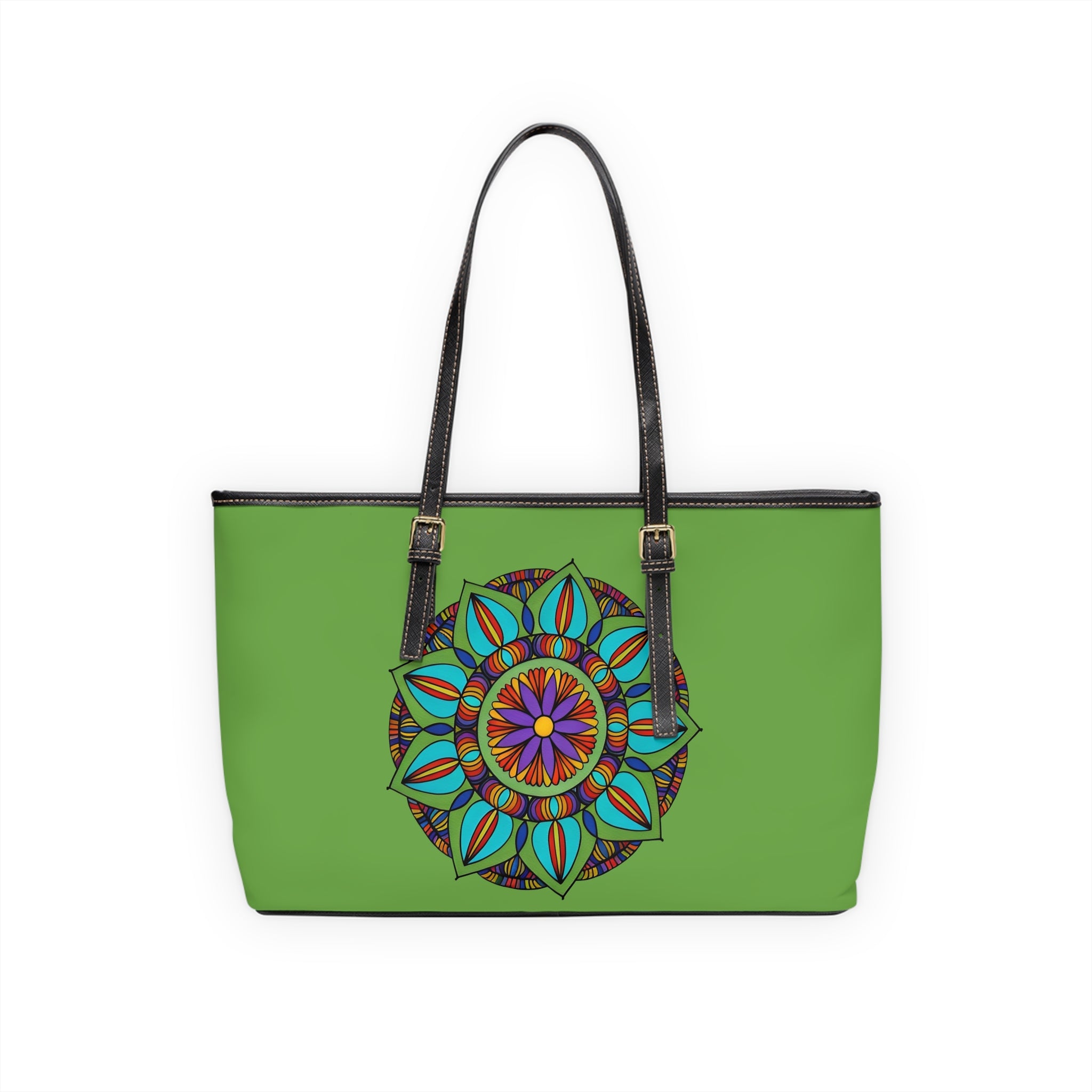 Monique Mandala Shoulder Bag - Green PU Leather Tote with Colorful Boho Flower Design