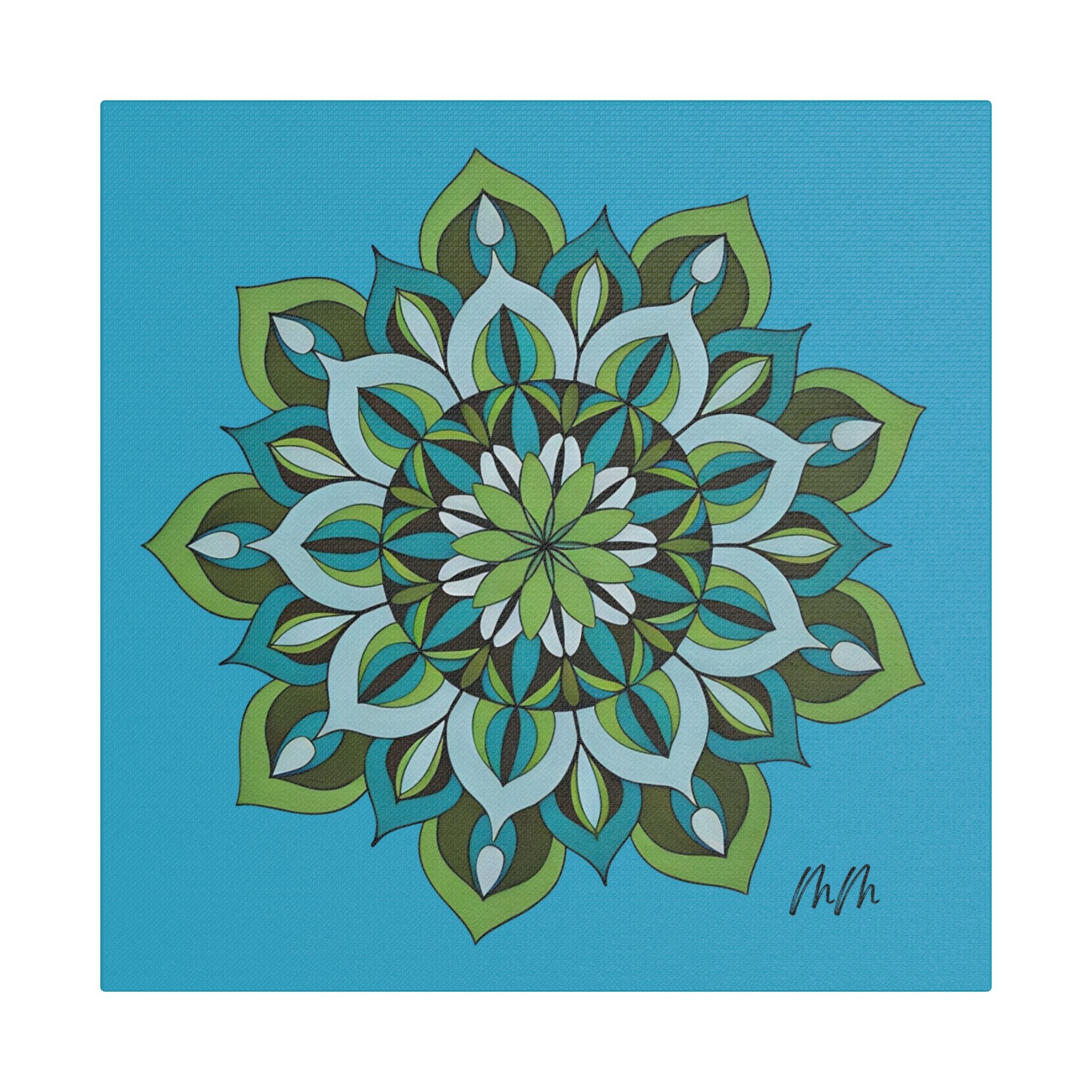 Lynne Mandala Art Green Blue Floral Mandala Satin Canvas Wall Art — Stretched Decorative Canvas