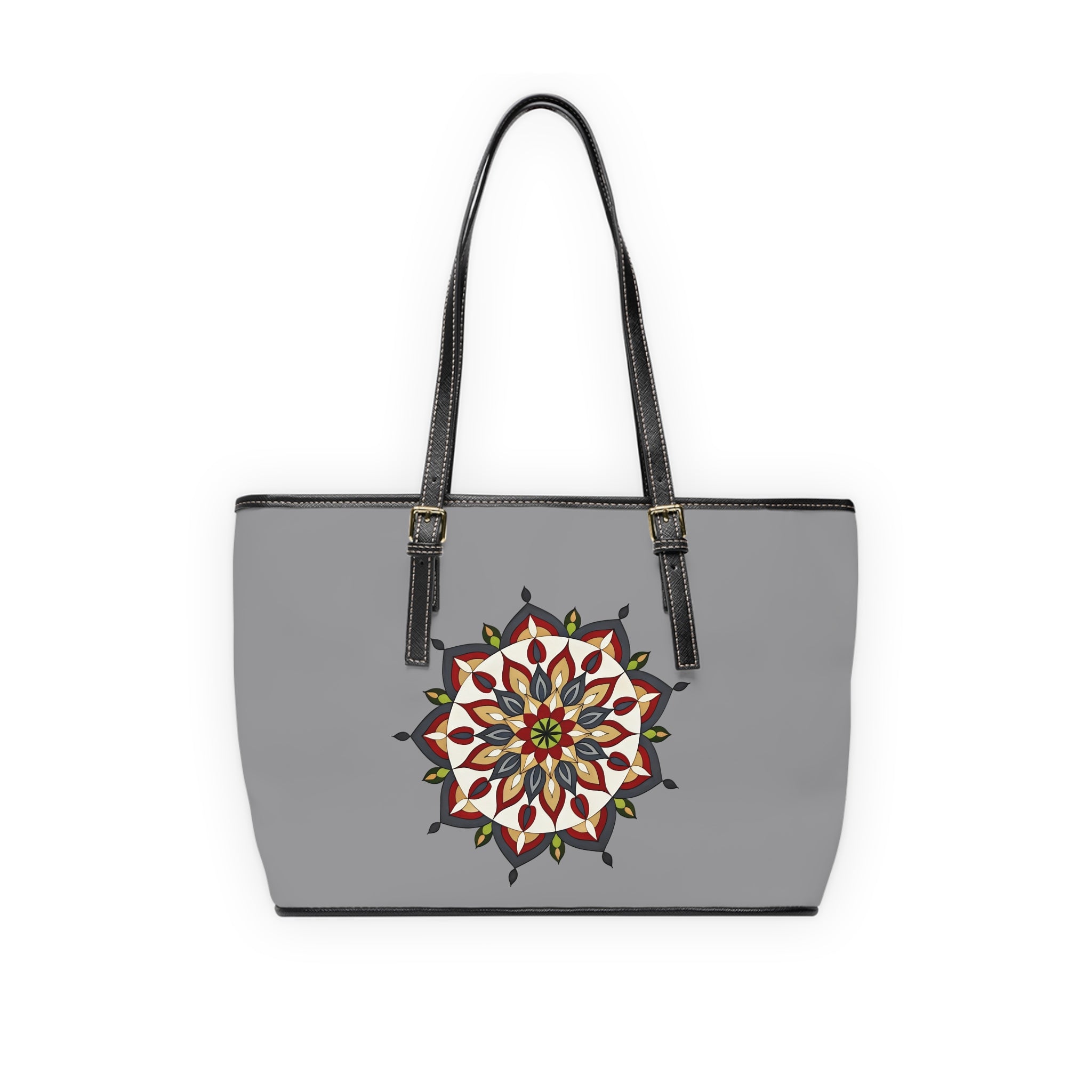 Ana Mandala Art PU Leather Shoulder Bag — Boho Mandala Tote, Grey Floral Geometric Design by Infinite Hue