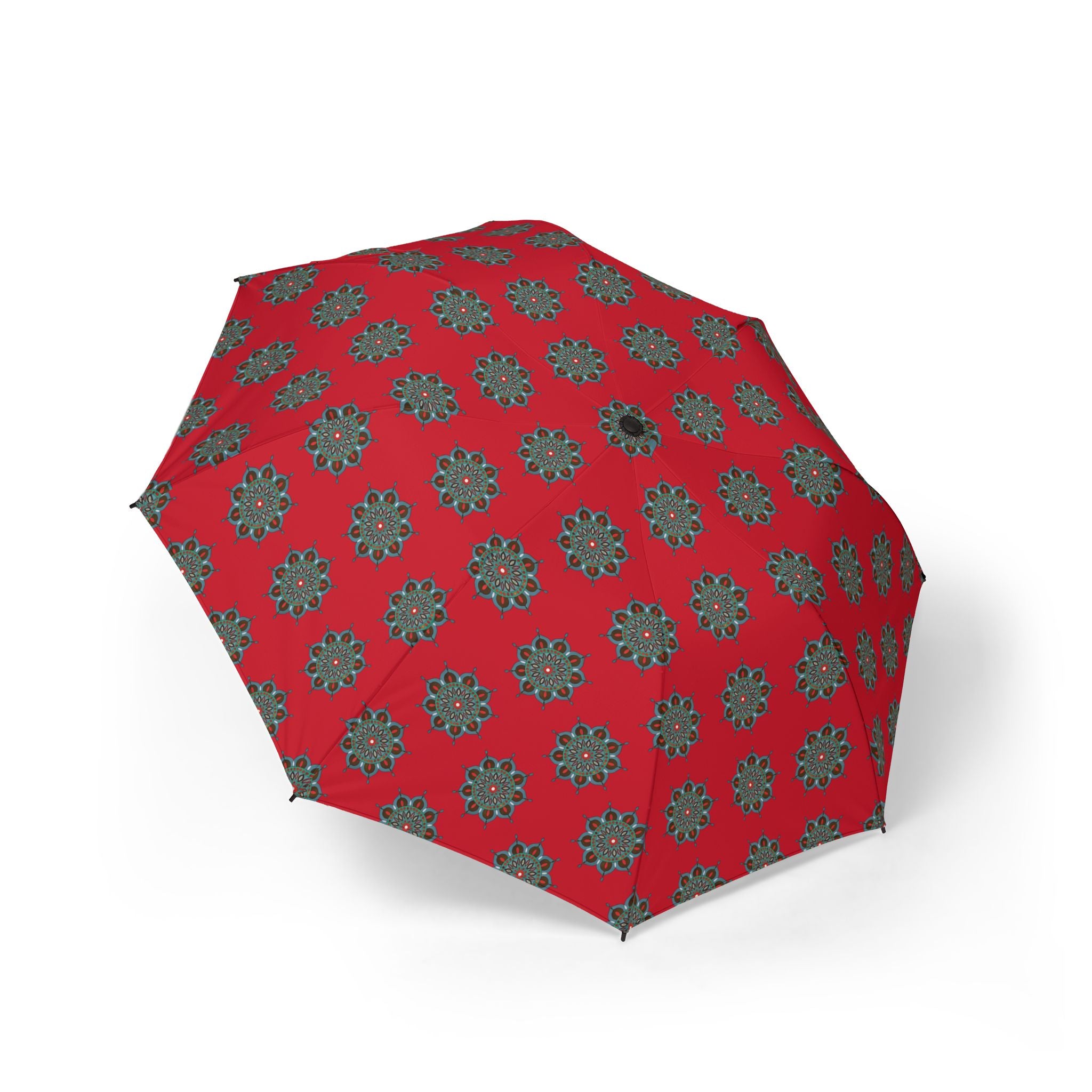 Everlee Mandala Art Compact Foldable Umbrella — Red Floral Medallion Pattern, Semi‑Automatic Travel Umbrella