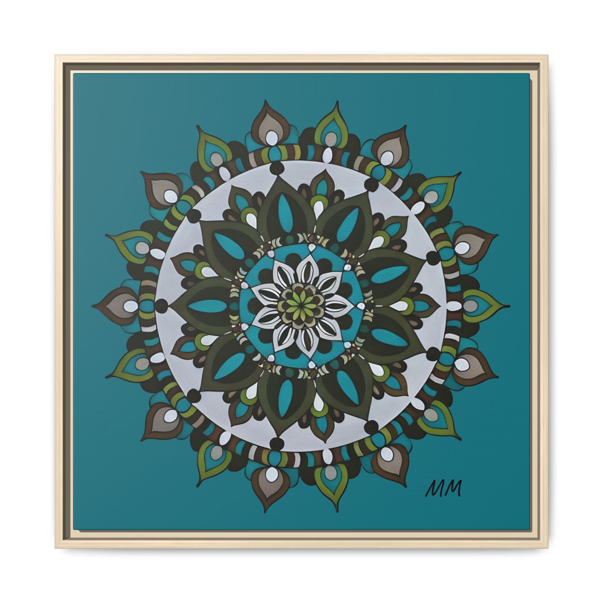 Remi Teal Mandala Framed Canvas — Matte Floral Wall Art