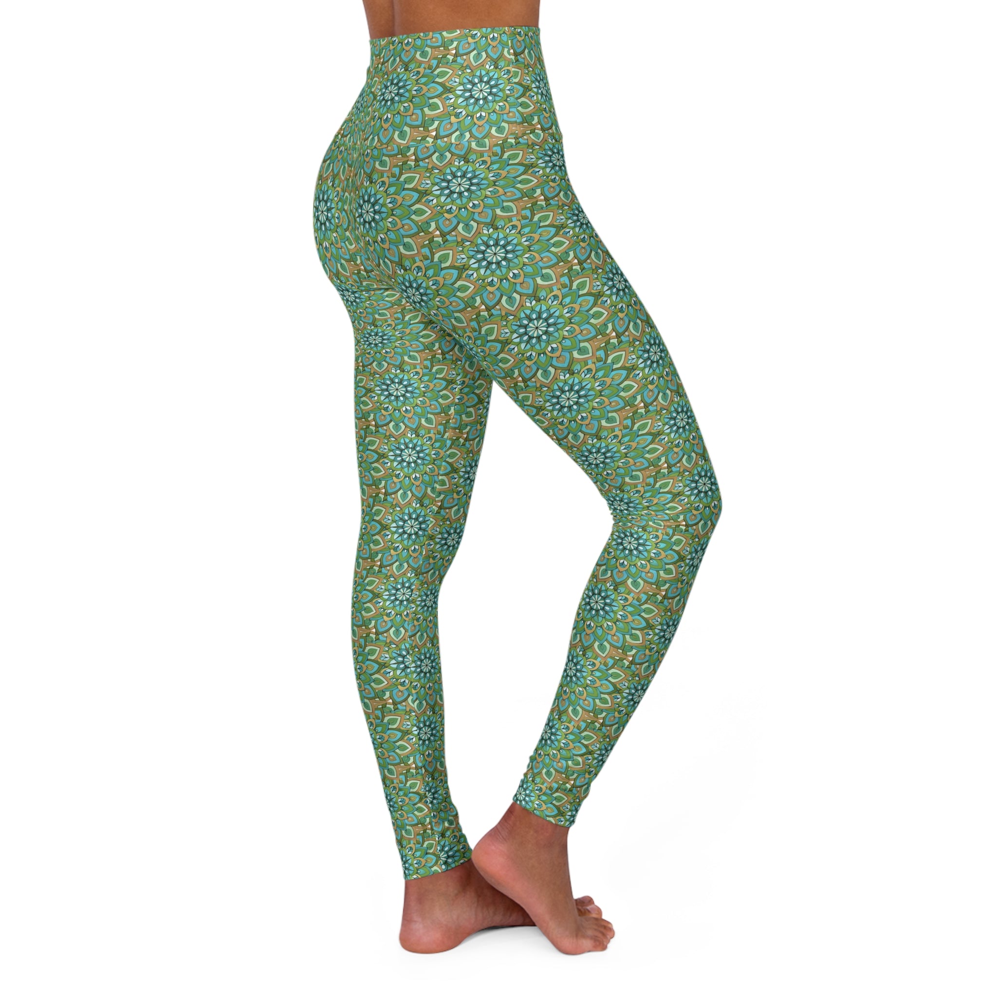 Mary Mandala High-Waisted Yoga Leggings — Green Floral Mandala All-Over Print