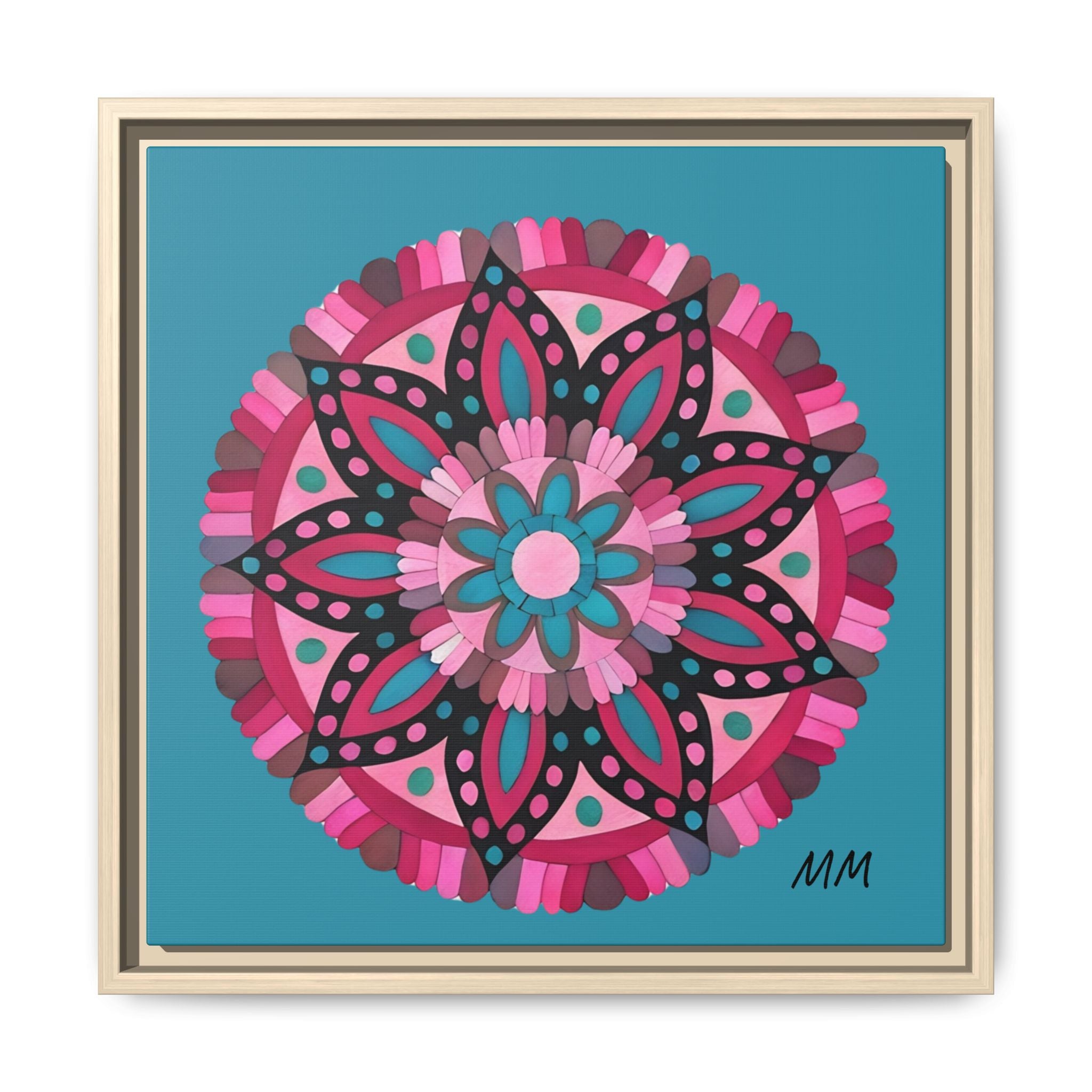 Lennon Framed Floral Mandala Canvas Art – Pink & Teal Decorative Wall Print
