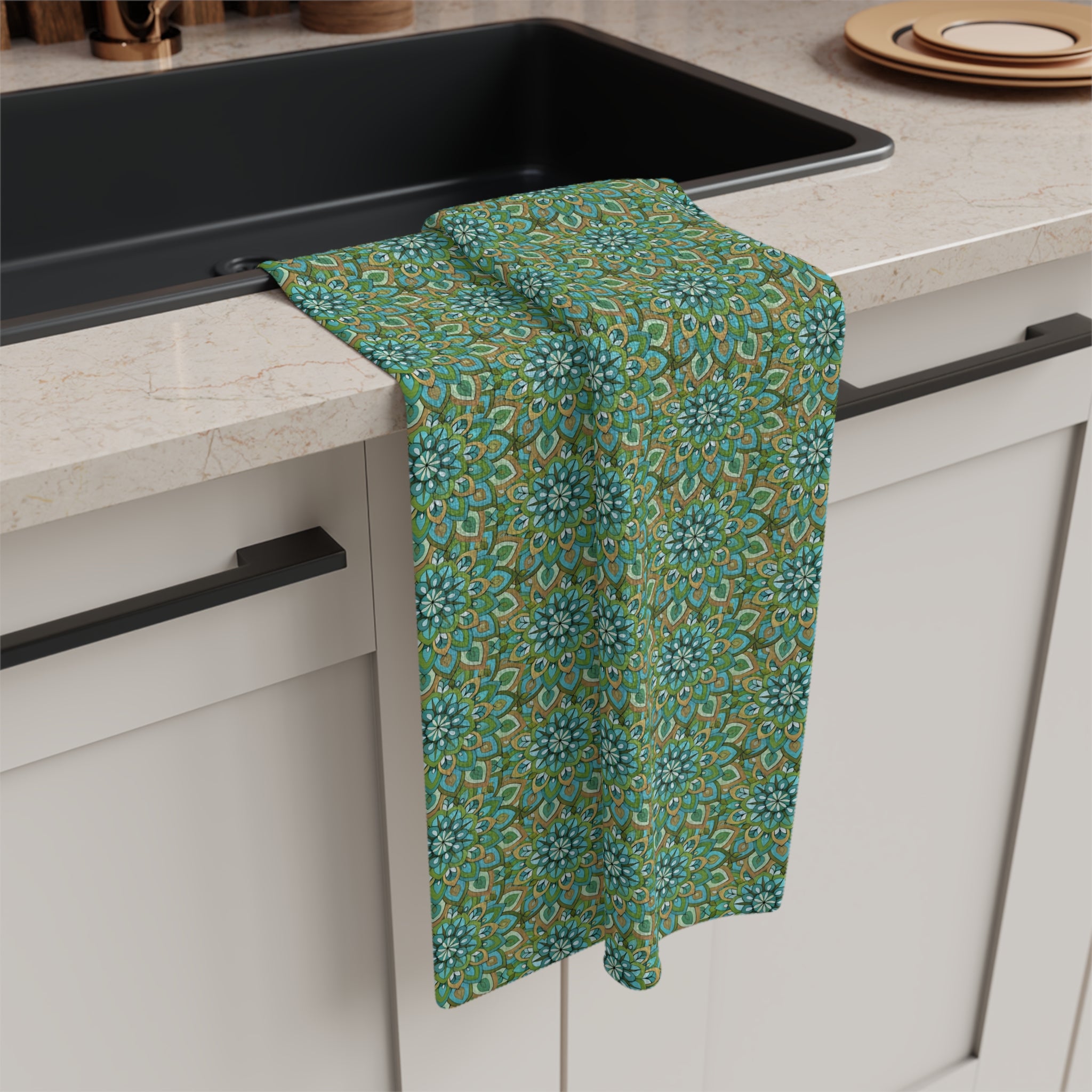 Mary Mandala Microfiber Tea Towel — Green Blue Floral Mosaic Pattern | Decorative Kitchen Towel
