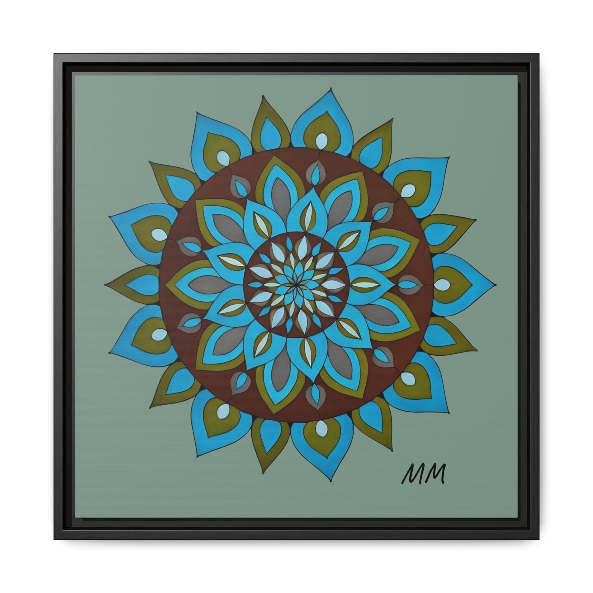 Emily Mandala Art Framed Canvas Wall Art — Blue Green Floral Geometric