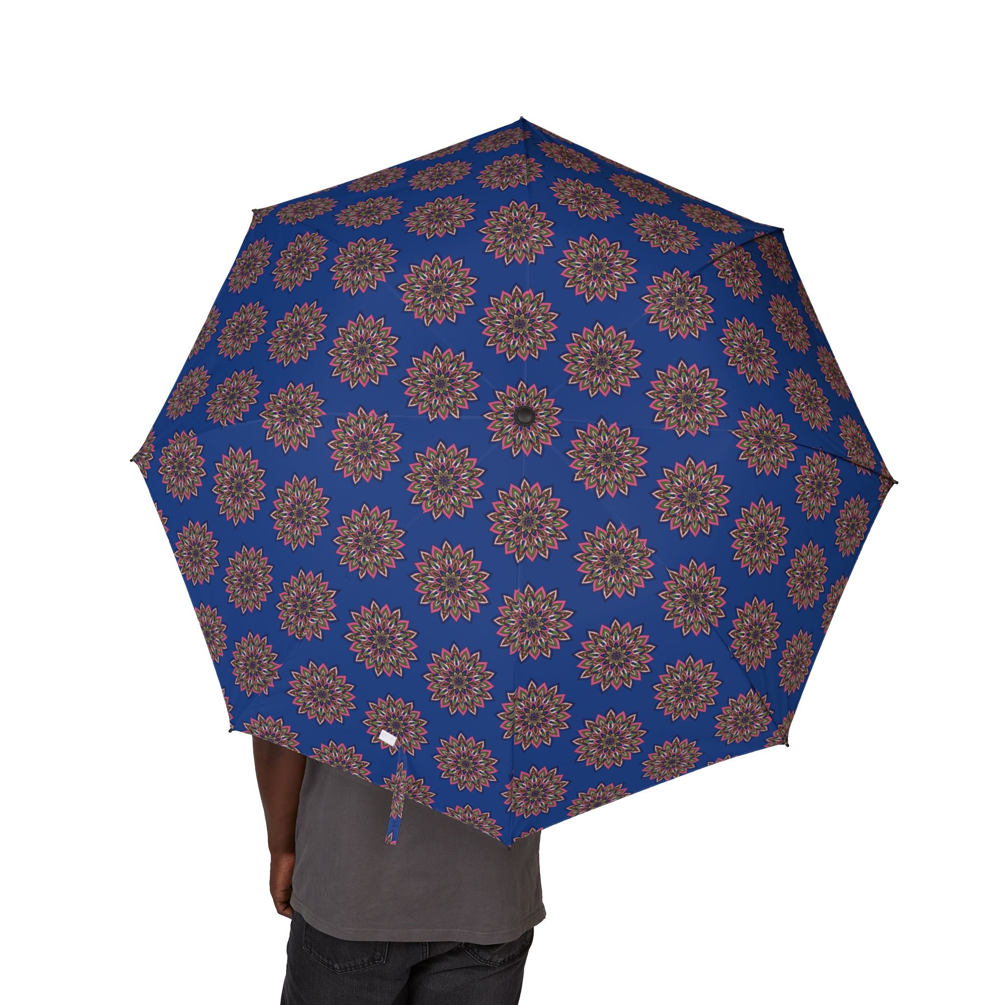 Laura Mandala Art Pink, Blue Mandala Foldable Umbrella — Semi-Automatic Compact Rain Umbrella