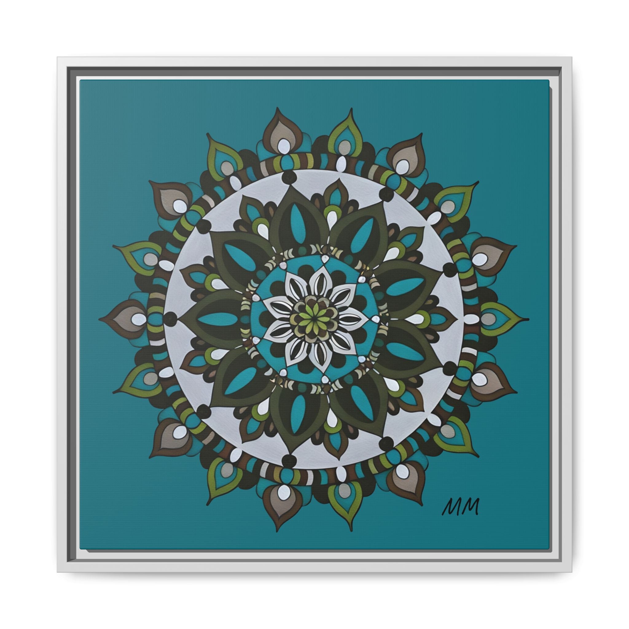 Remi Teal Mandala Framed Canvas — Matte Floral Wall Art