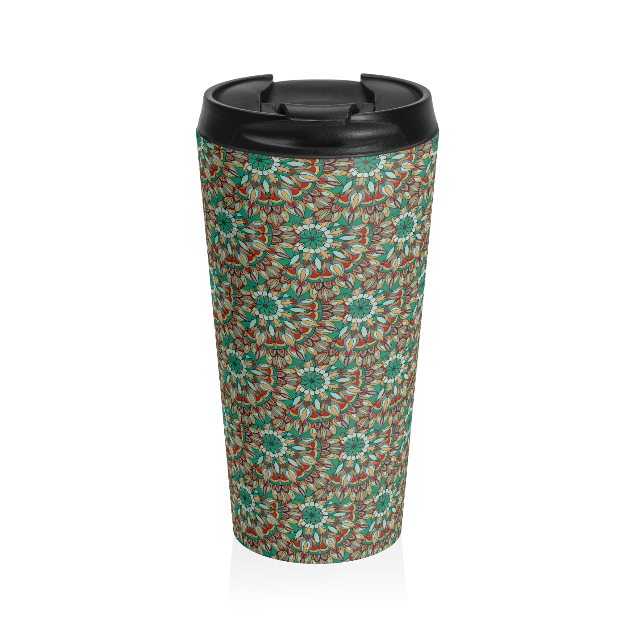 Myra Mandala Art Floral Mosaic Stainless Steel Travel Mug — Green Boho Patterned Tumbler