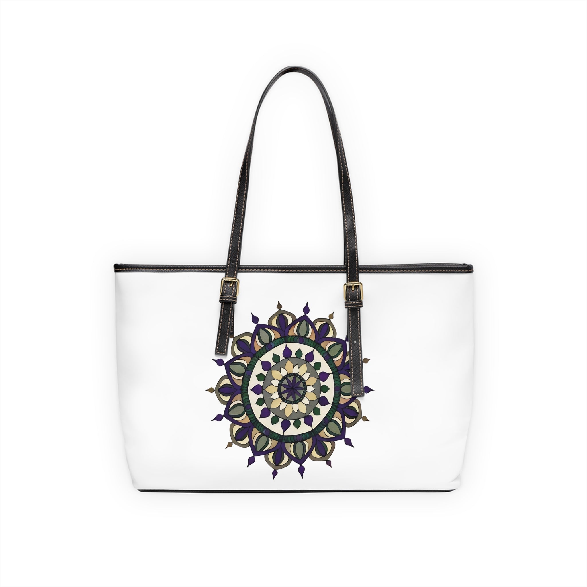 Elizabeth Mandala Shoulder Bag - Boho PU Leather Tote with Purple & Green Floral Medallion