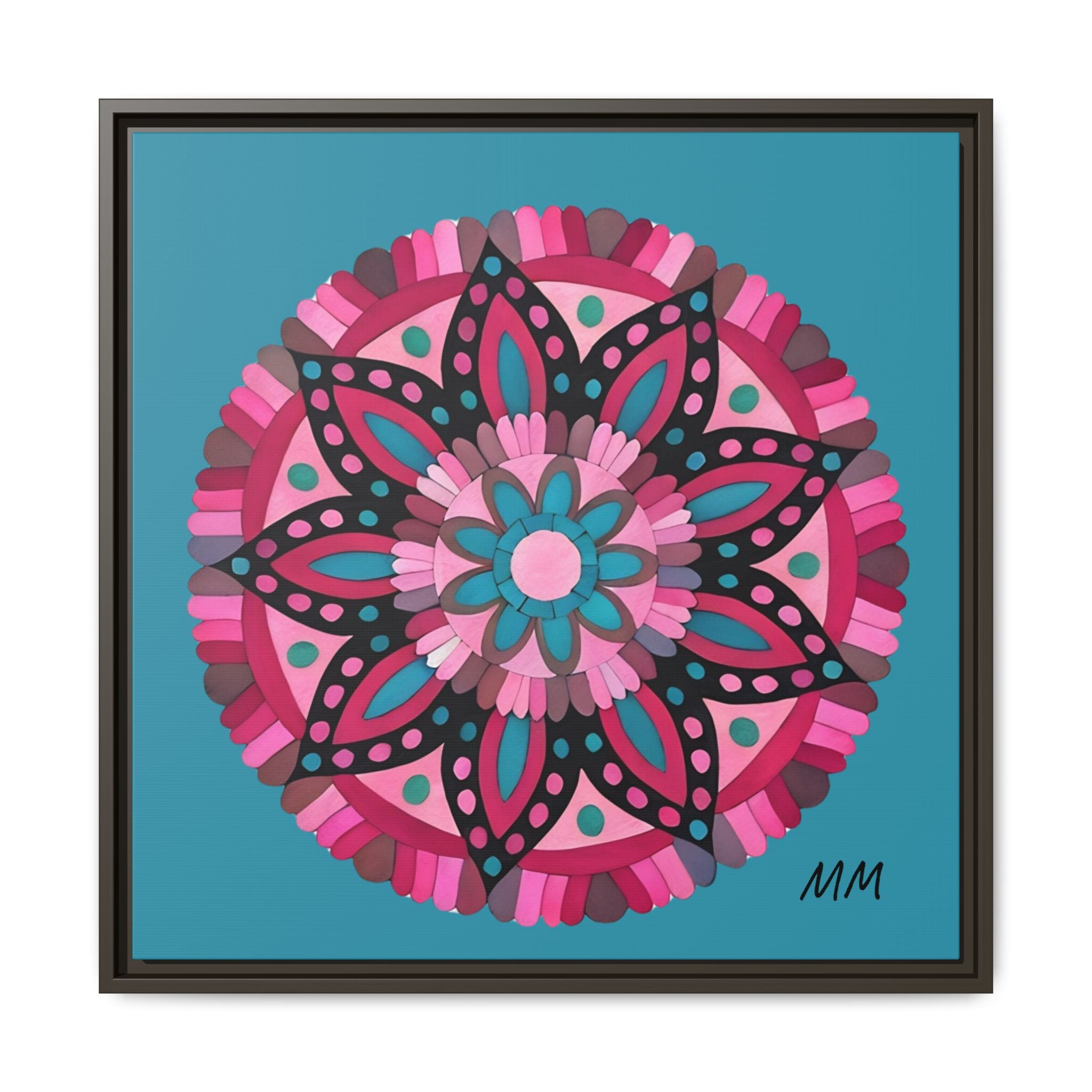 Lennon Framed Floral Mandala Canvas Art – Pink & Teal Decorative Wall Print