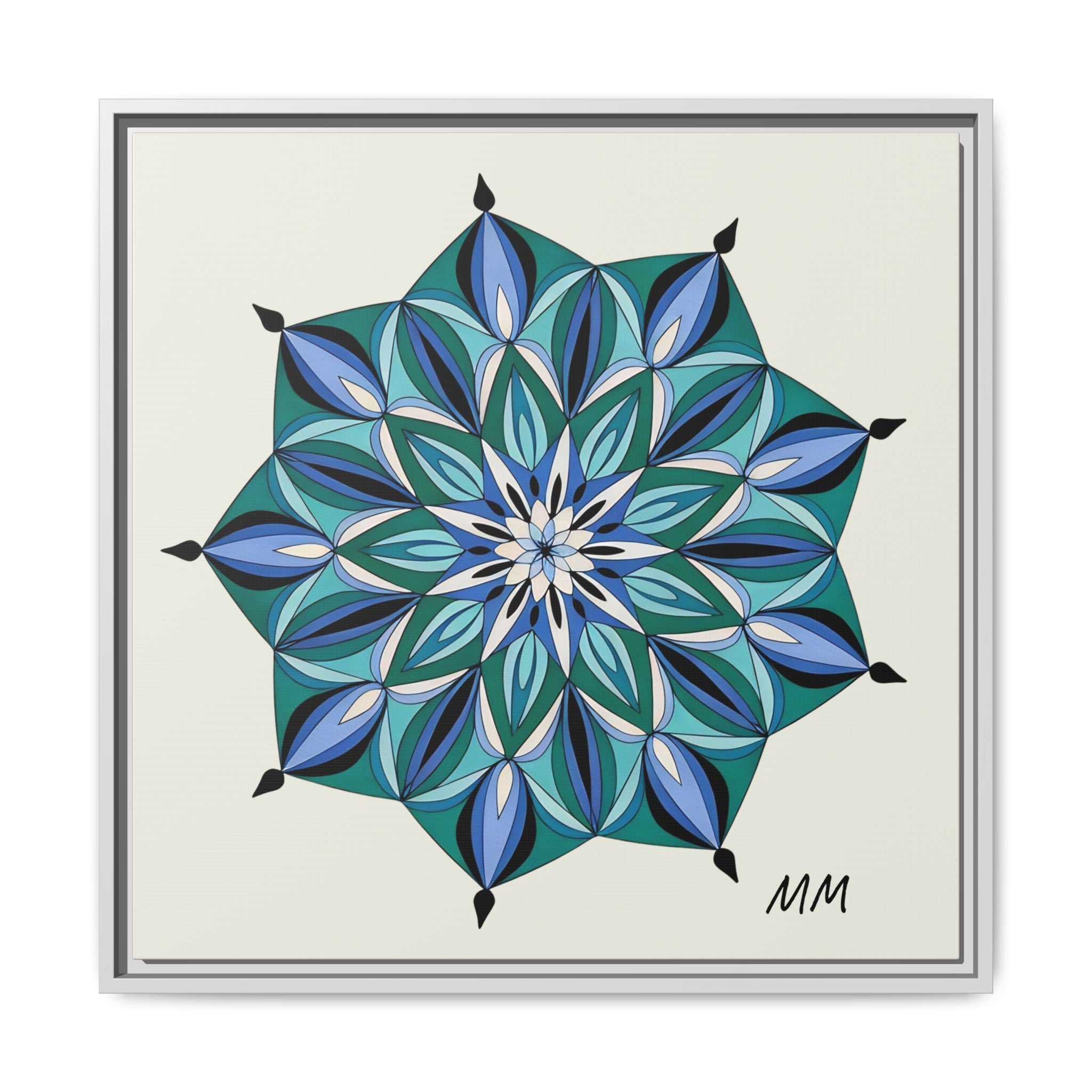 Arabella Blue Green Mandala Framed Canvas Print — Modern Geometric Wall Art