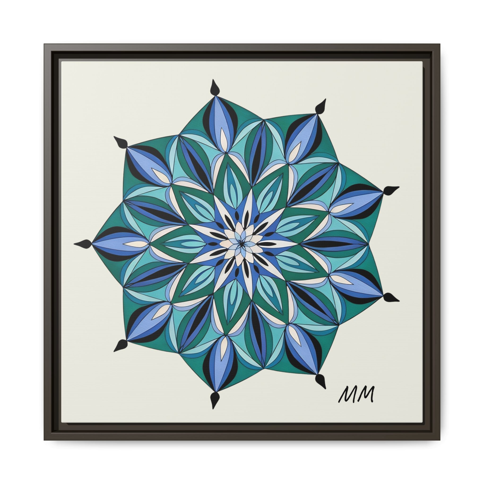 Arabella Blue Green Mandala Framed Canvas Print — Modern Geometric Wall Art