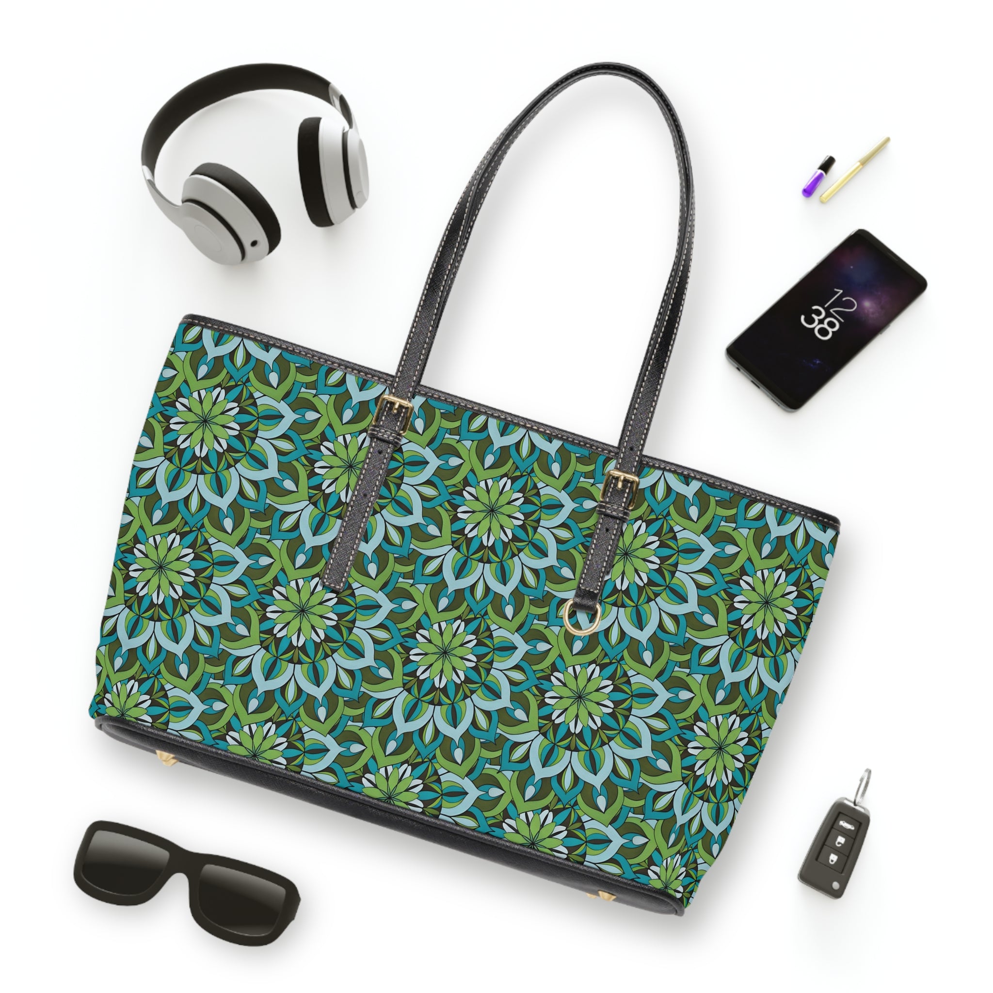 Lynne Mandala Green Floral Mandala PU Shoulder Bag — Stylish Tote for Everyday, Travel & Gifts