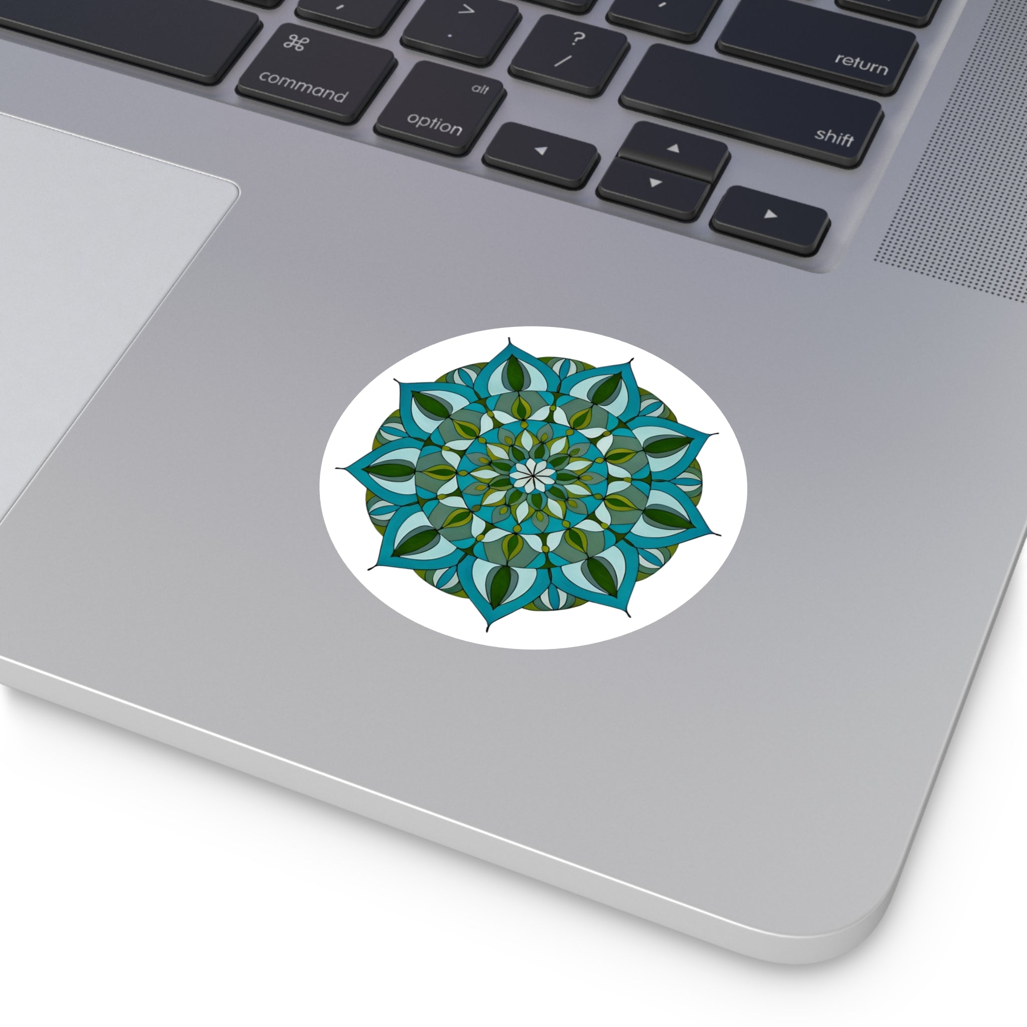 Beverly Mandala Round Vinyl Sticker — Boho Floral Decorative Decal Blue Green