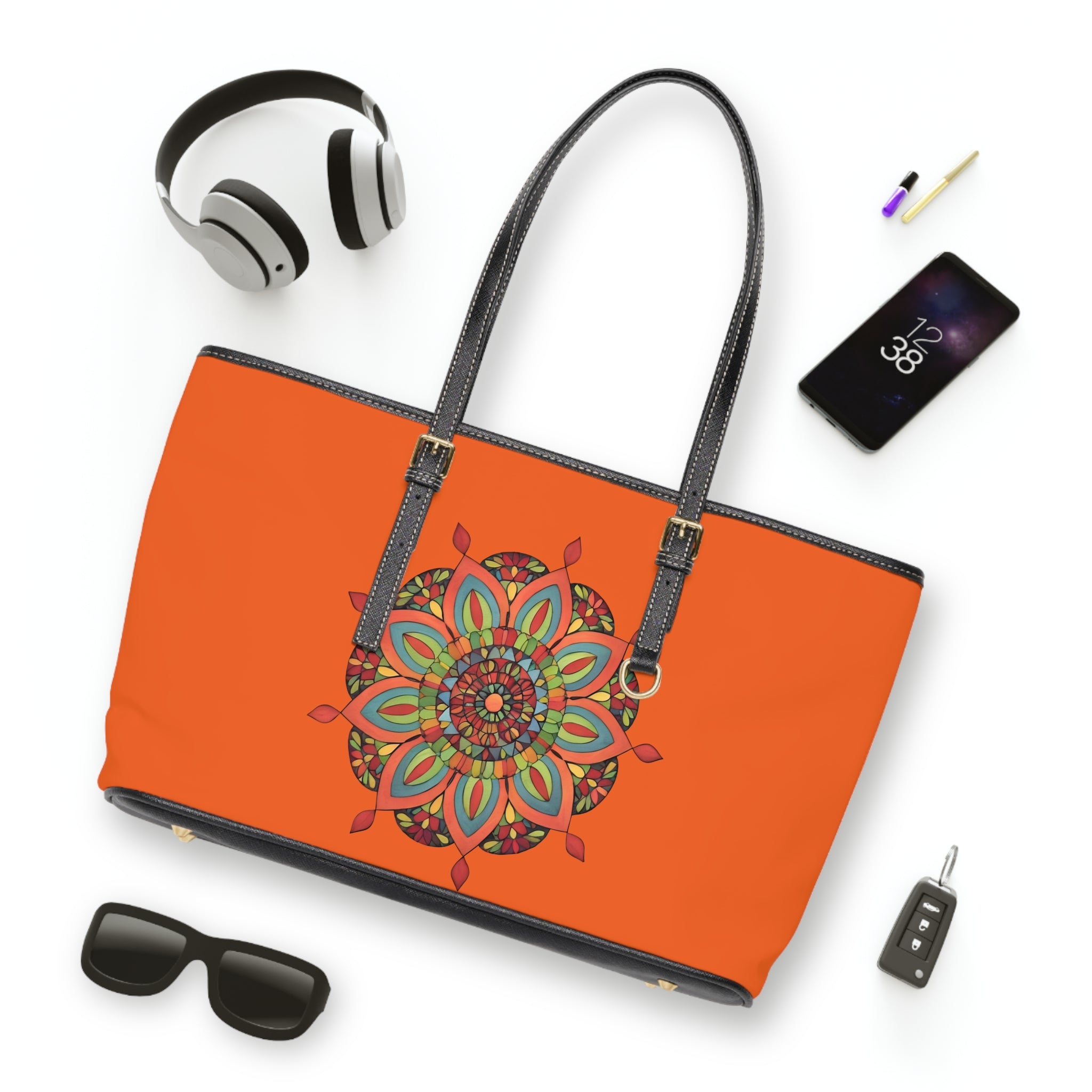 Sadie Mandala Floral PU Leather Shoulder Bag — Orange Boho Tote by Infinite Hue