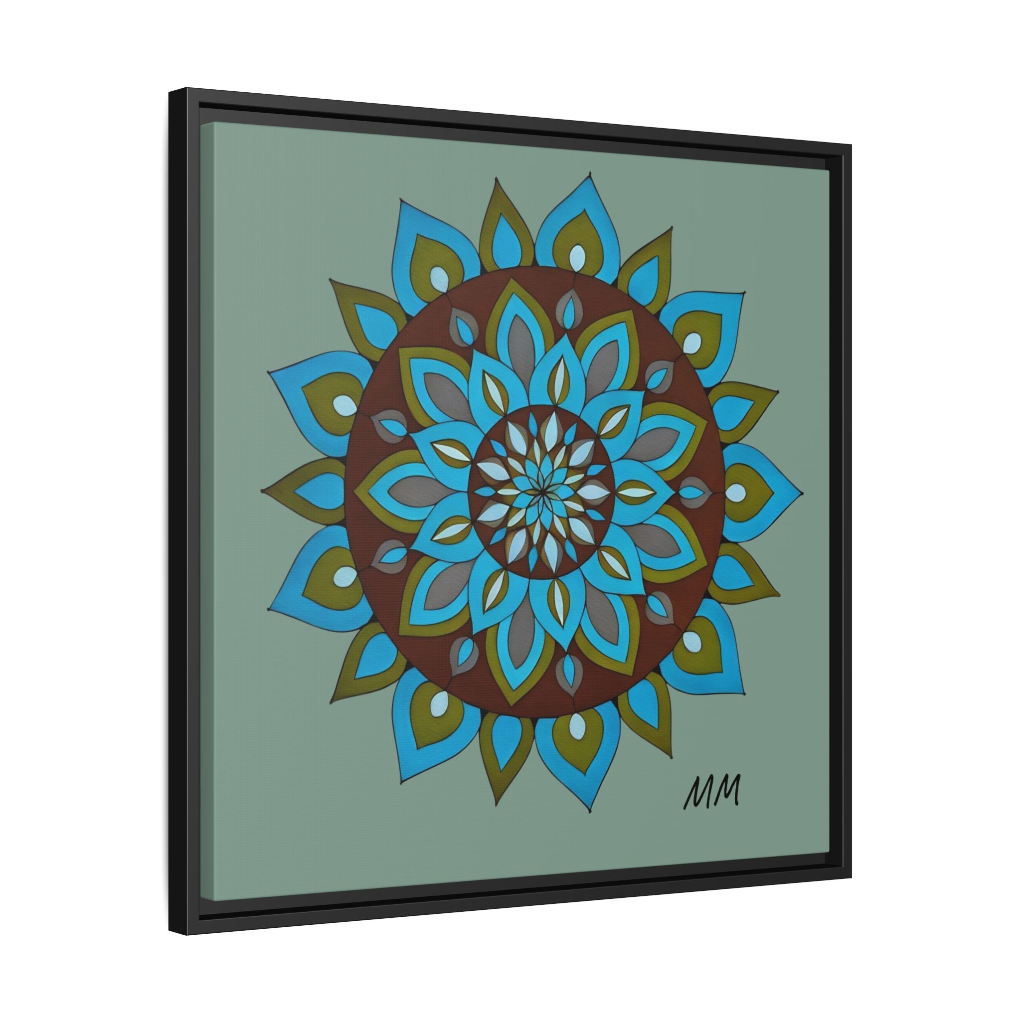 Emily Mandala Art Framed Canvas Wall Art — Blue Green Floral Geometric
